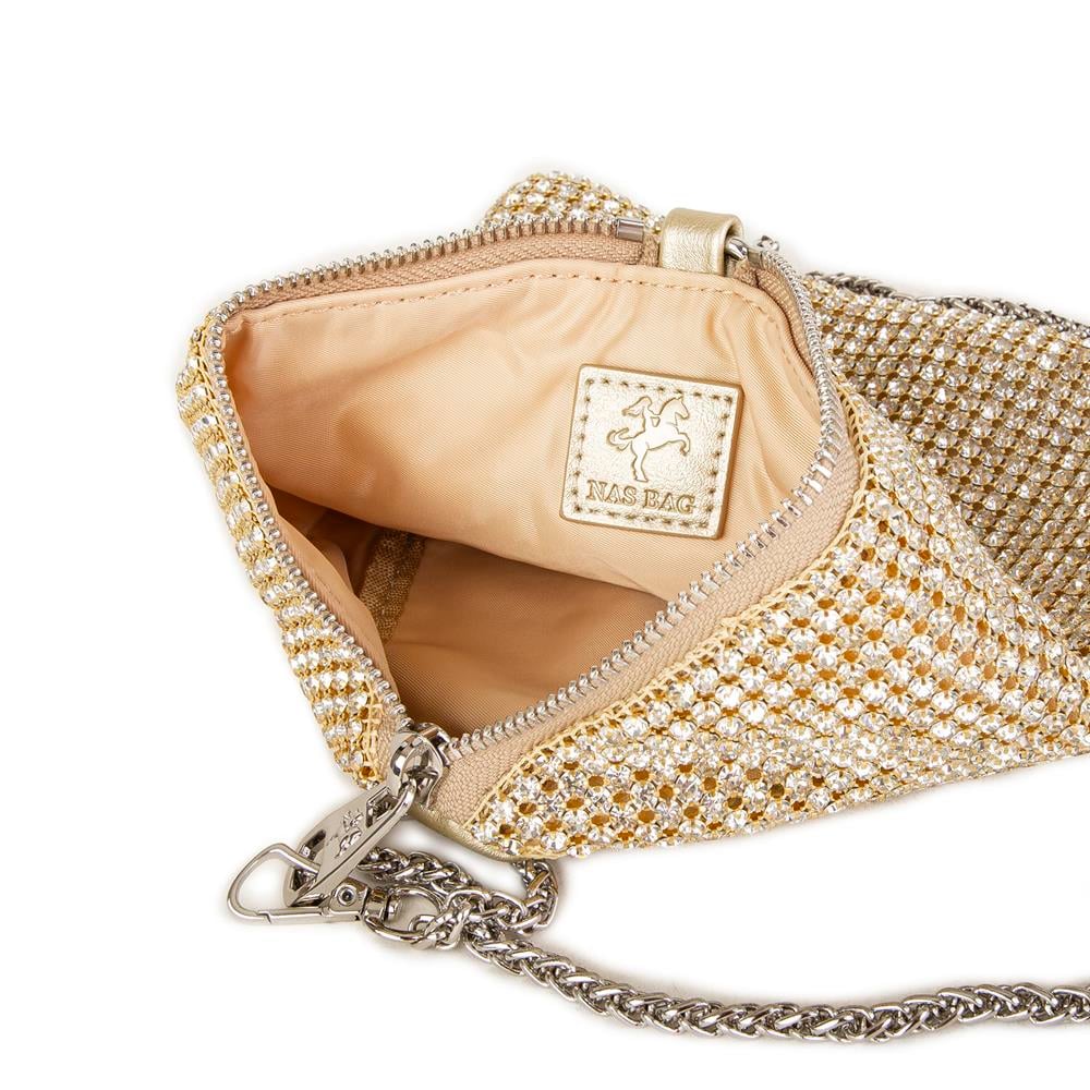 Nas Bag Kadın Omuz Çantası Gold Diamond Altın Taşlı Şık Çift  Askılı Üçgen Çanta