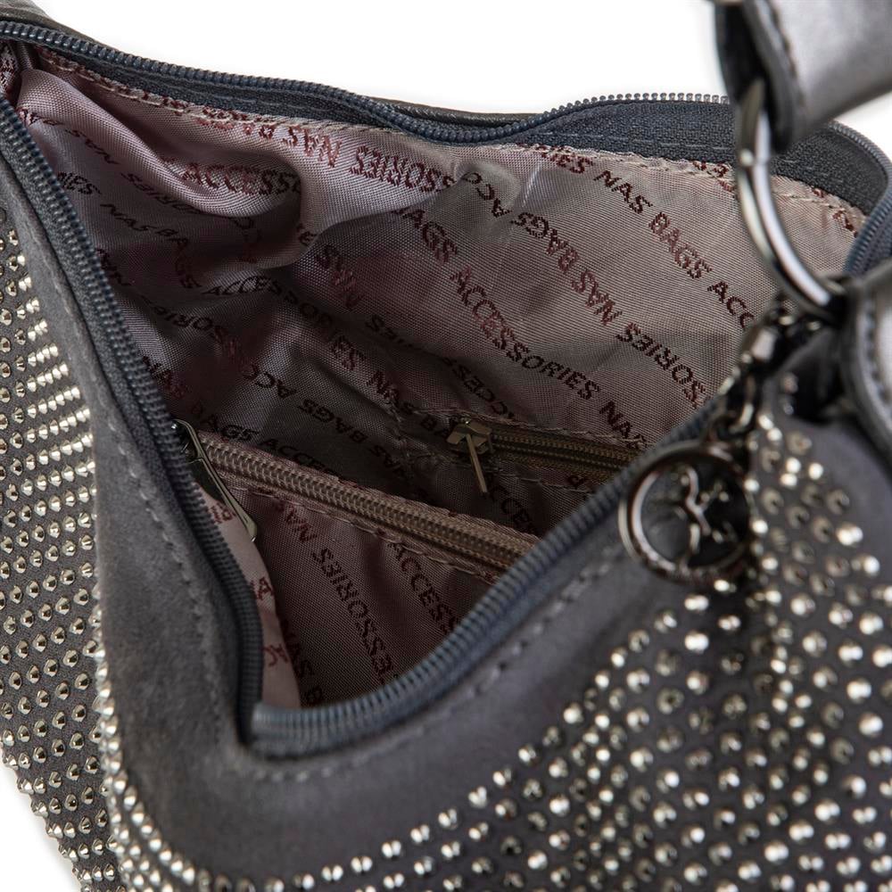 Nas Bag Kadın Omuz Çantası Gri  Taşlı