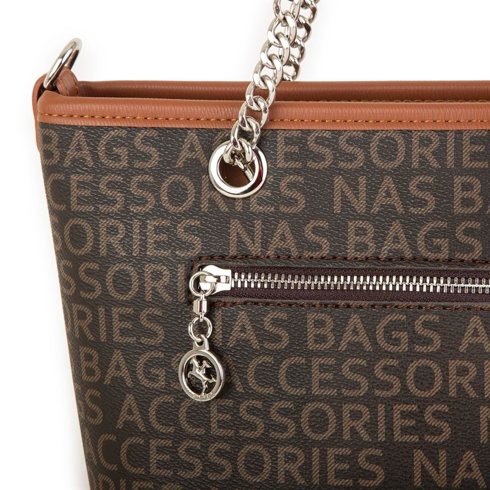 Nas Bag Kadın Omuz Çantası Kahve Taba Yazılı