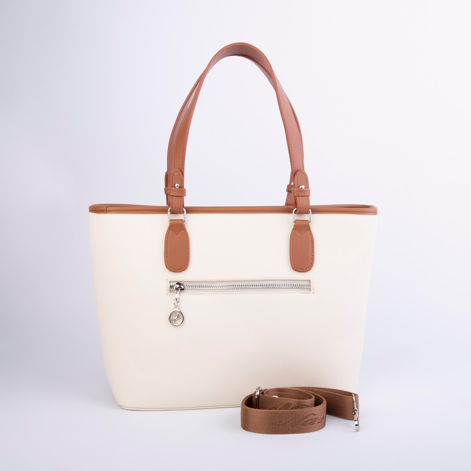 Nas Bag Kadın Omuz Çantası Spor Şık Ayarlanabilir Omuz Askılı Krem Taba Kahve Lacst (33x27x12 cm )