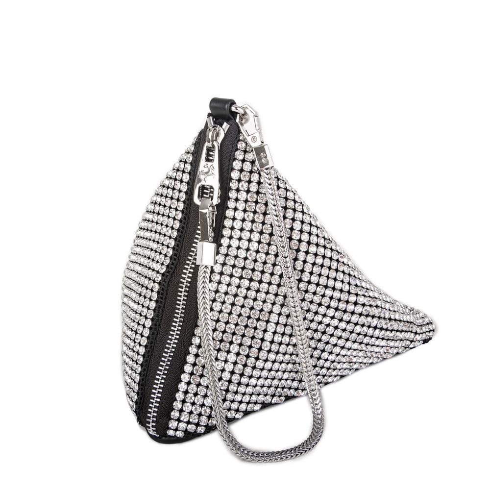Nas Bag Kadın Omuz Çantası White Diamond Gümüş Taşlı Şık Çift  Askılı Üçgen Çanta