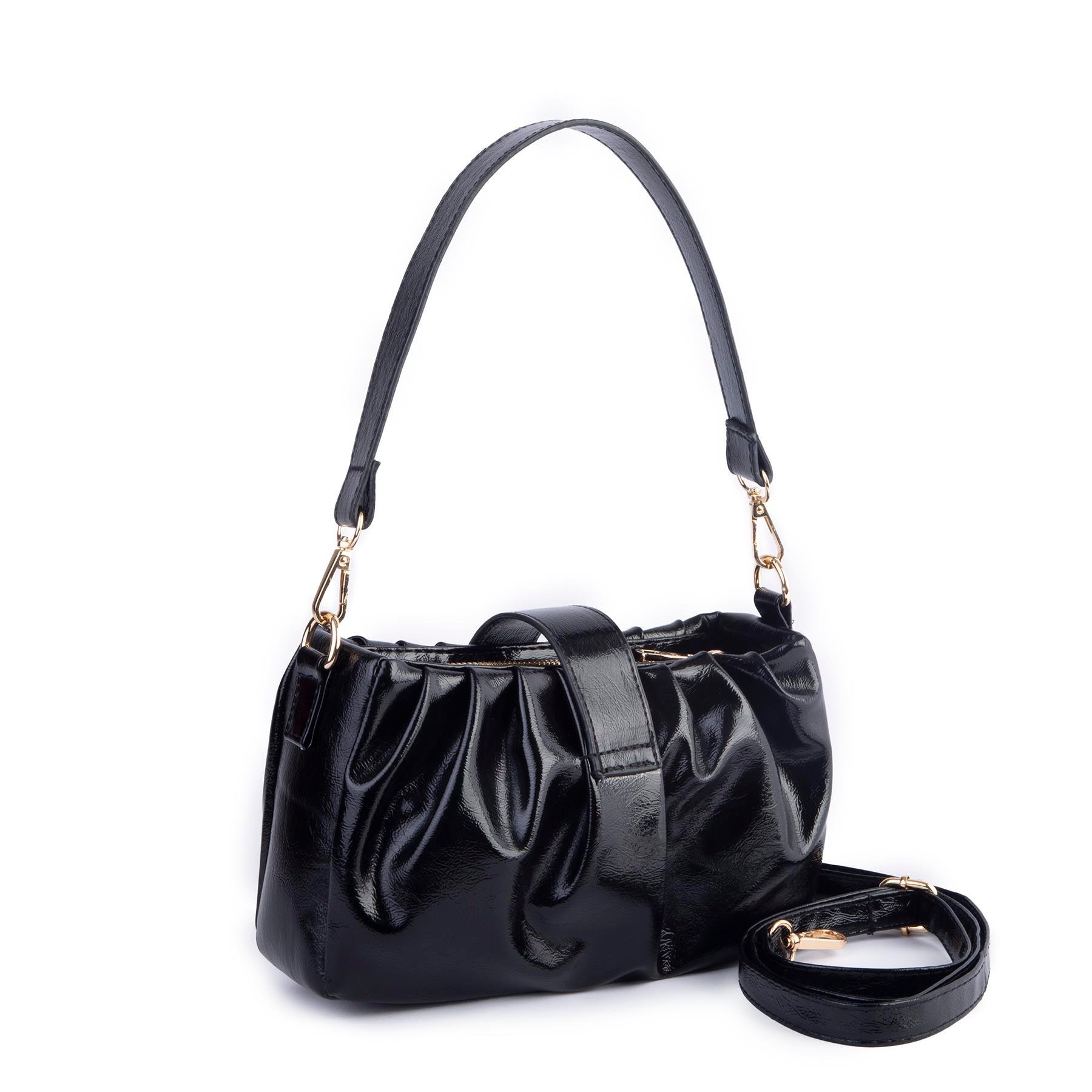 Nas Bag Kadın Omuz ve Çapraz Çanta Çift Askılı Siyah  Krşk Rugan  (24x18cm)
