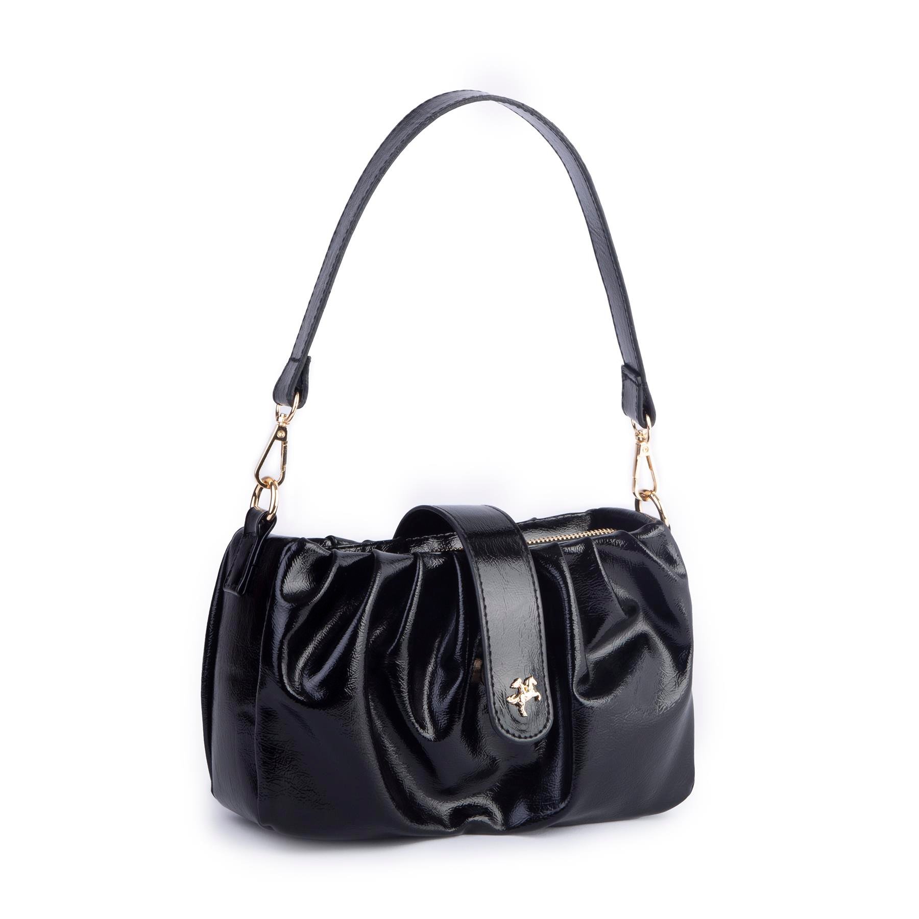 Nas Bag Kadın Omuz ve Çapraz Çanta Çift Askılı Siyah  Krşk Rugan  (24x18cm)