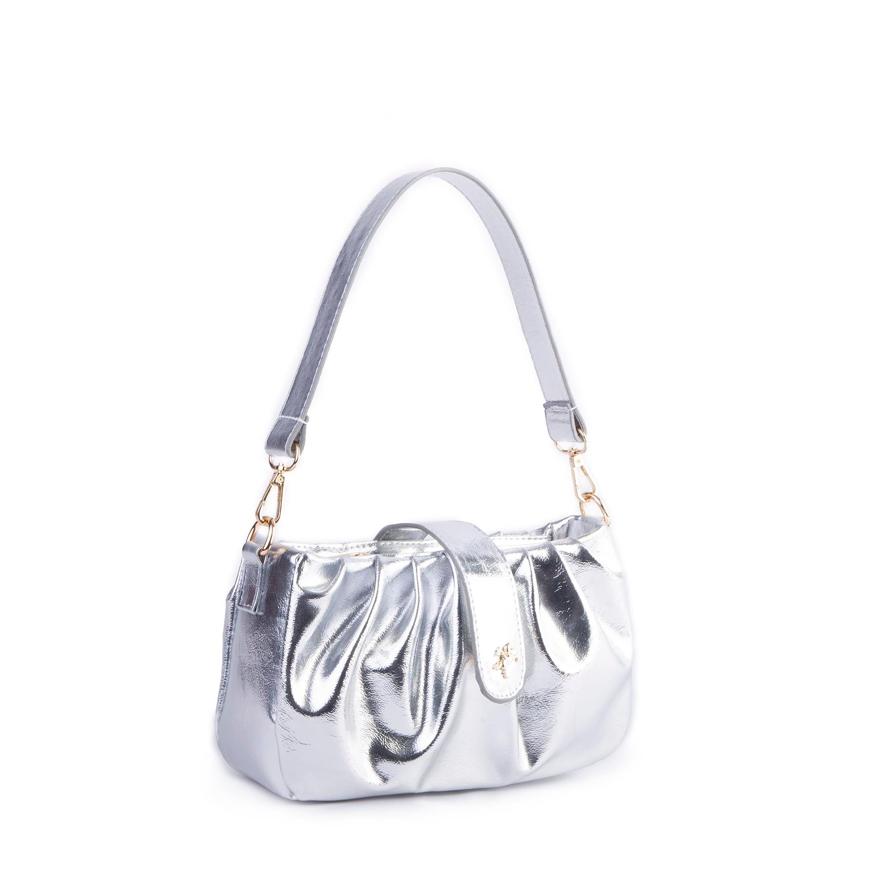 Nas Bag Kadın Omuz ve Çapraz Çanta Çift Askılı Gümüş Krşk Rugan  (24x18cm)