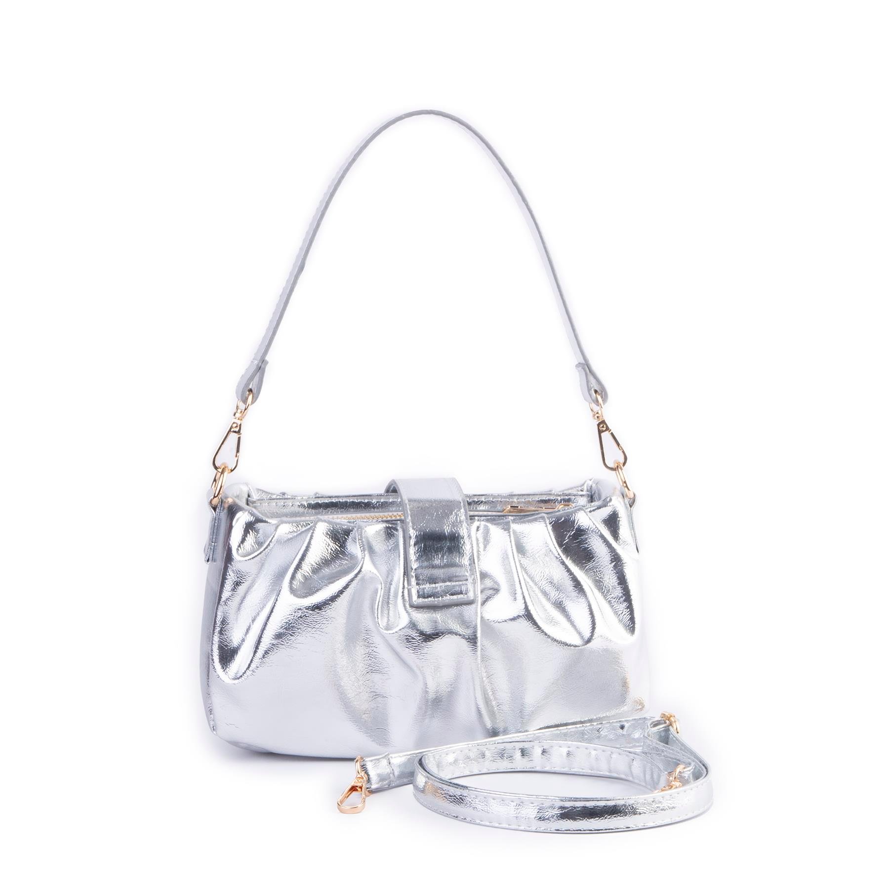 Nas Bag Kadın Omuz ve Çapraz Çanta Çift Askılı Gümüş Krşk Rugan  (24x18cm)