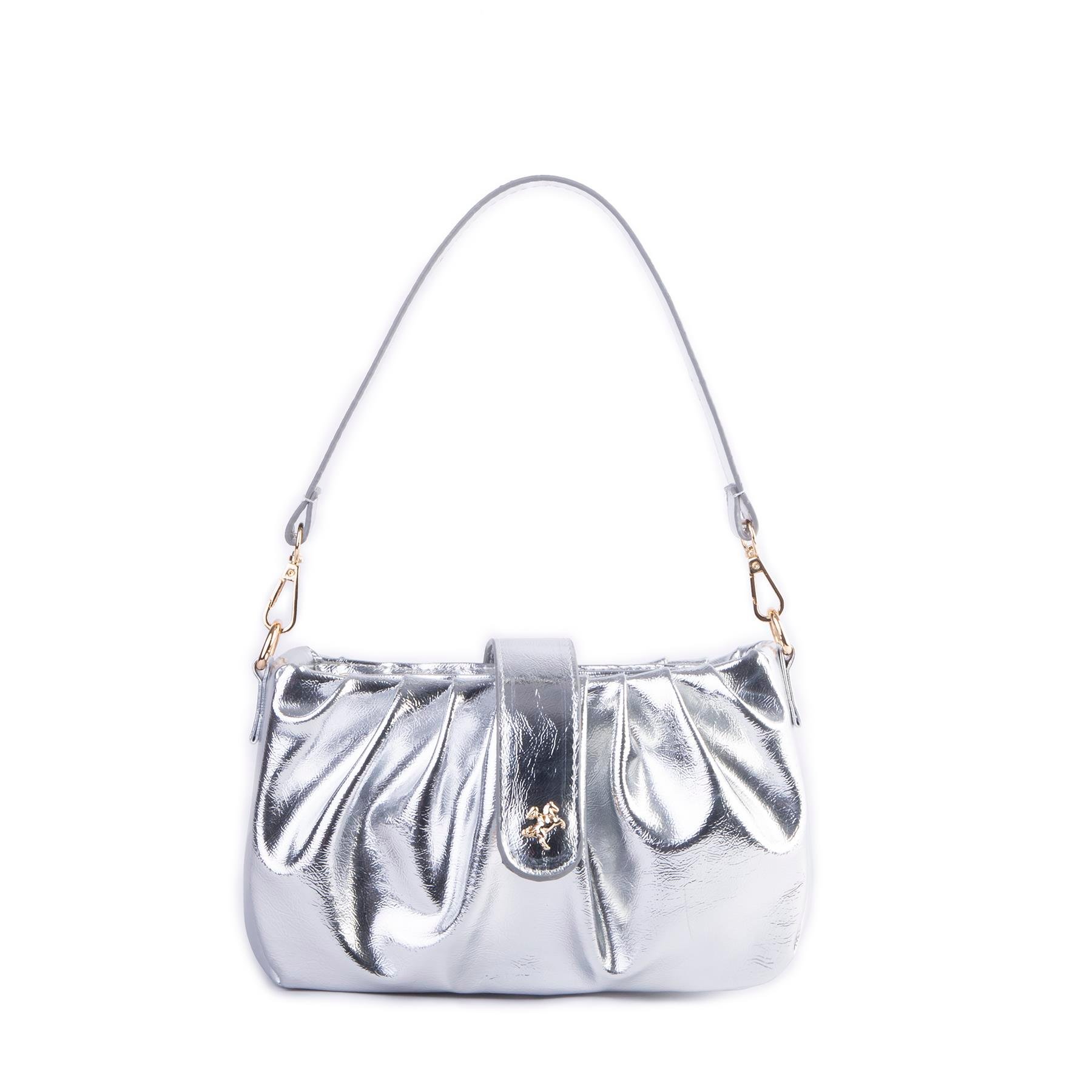 Nas Bag Kadın Omuz ve Çapraz Çanta Çift Askılı Gümüş Krşk Rugan  (24x18cm)