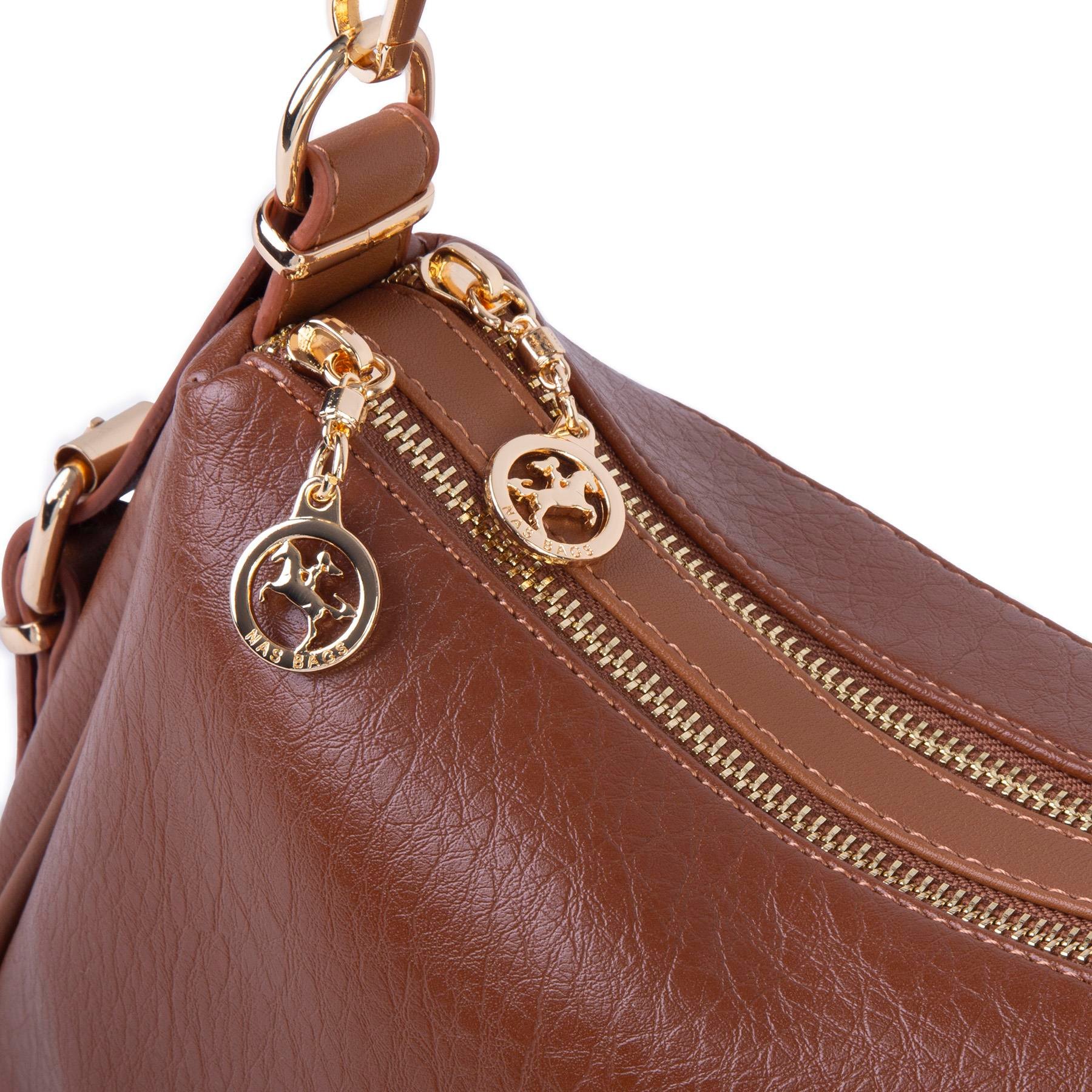 Nas Bag Kadın Omuz ve Çapraz Çanta Çok Gözlü Şık Tasarım (28x18 cm) Taba Victoria