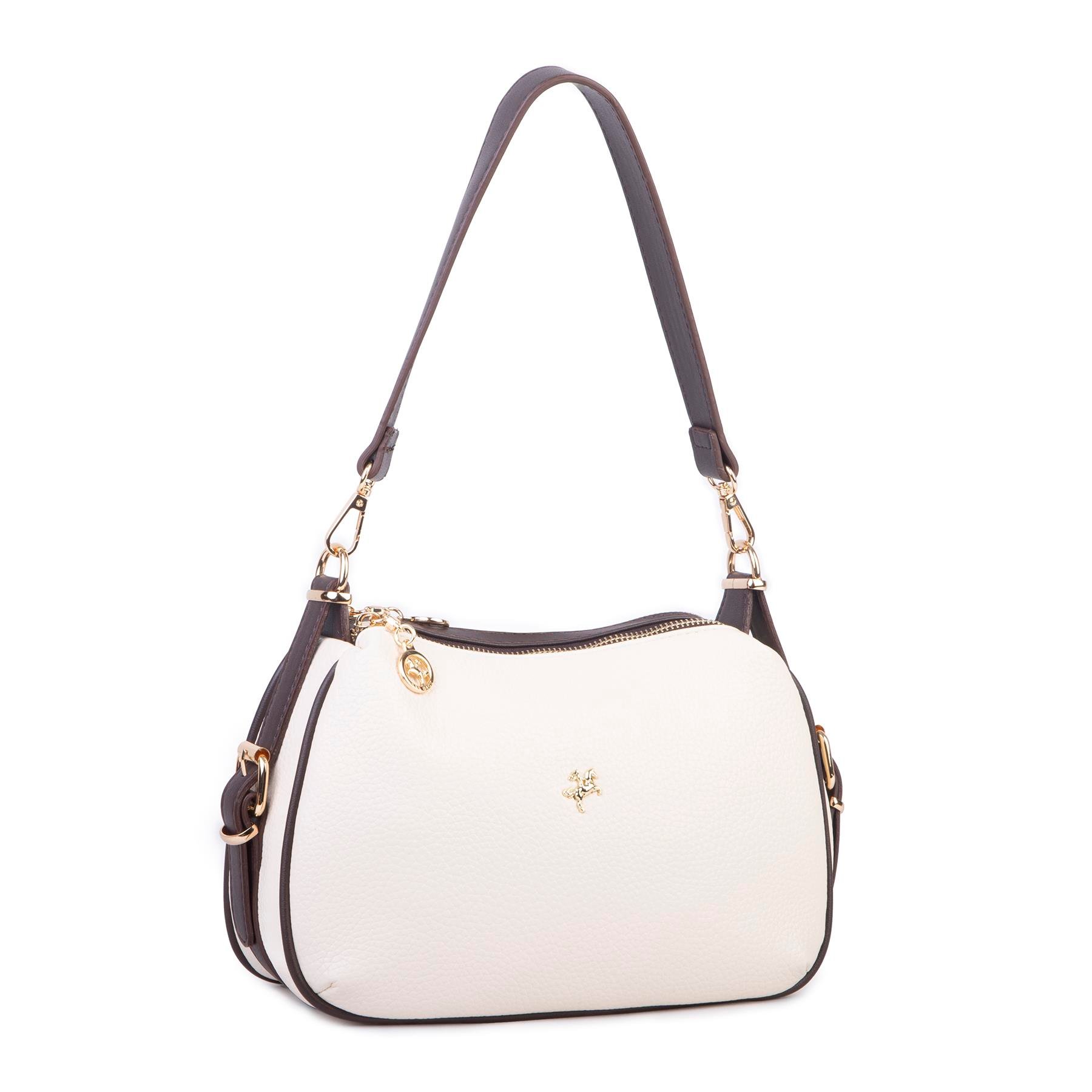 Nas Bag Kadın Omuz ve Çapraz Çanta Çok Gözlü Şık Tasarım (28x18 cm) Krem Kahve Lopez