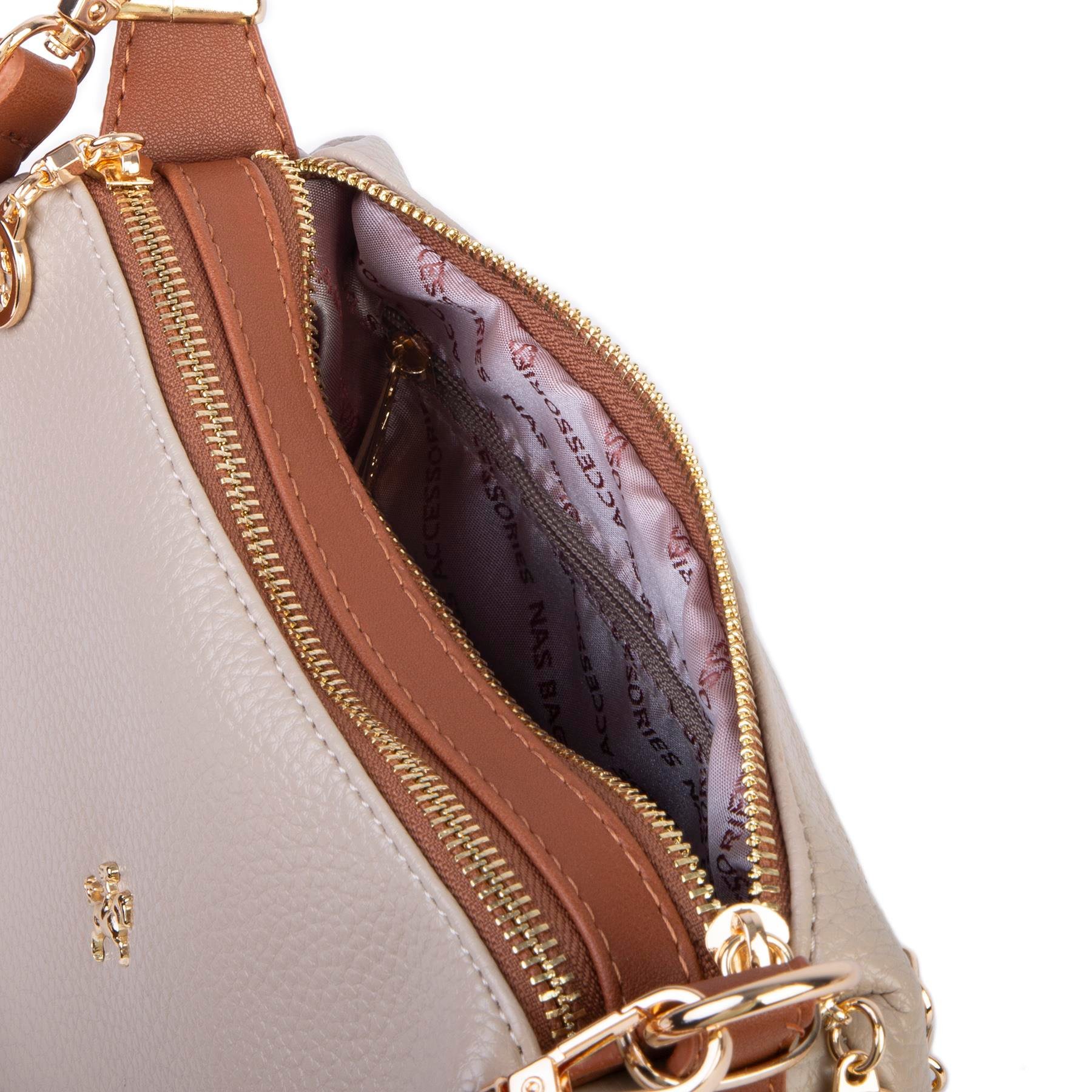 Nas Bag Kadın Omuz ve Çapraz Çanta Çok Gözlü Şık Tasarım (28x18 cm) Kum Taba  Lopez