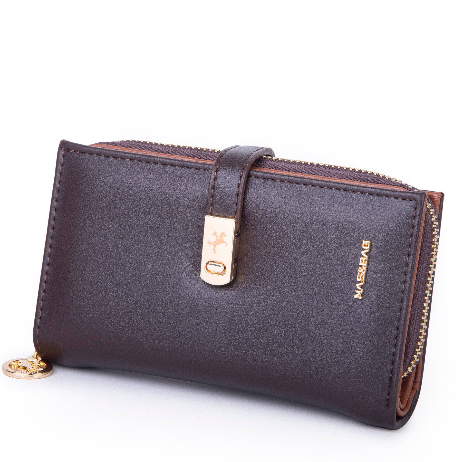 Nas Bag Kadın Orta Boy Kartlık Kağıt Para ve Bozuk Para Tasarımına Sahip Kahve Taba Dona [16x9 cm]