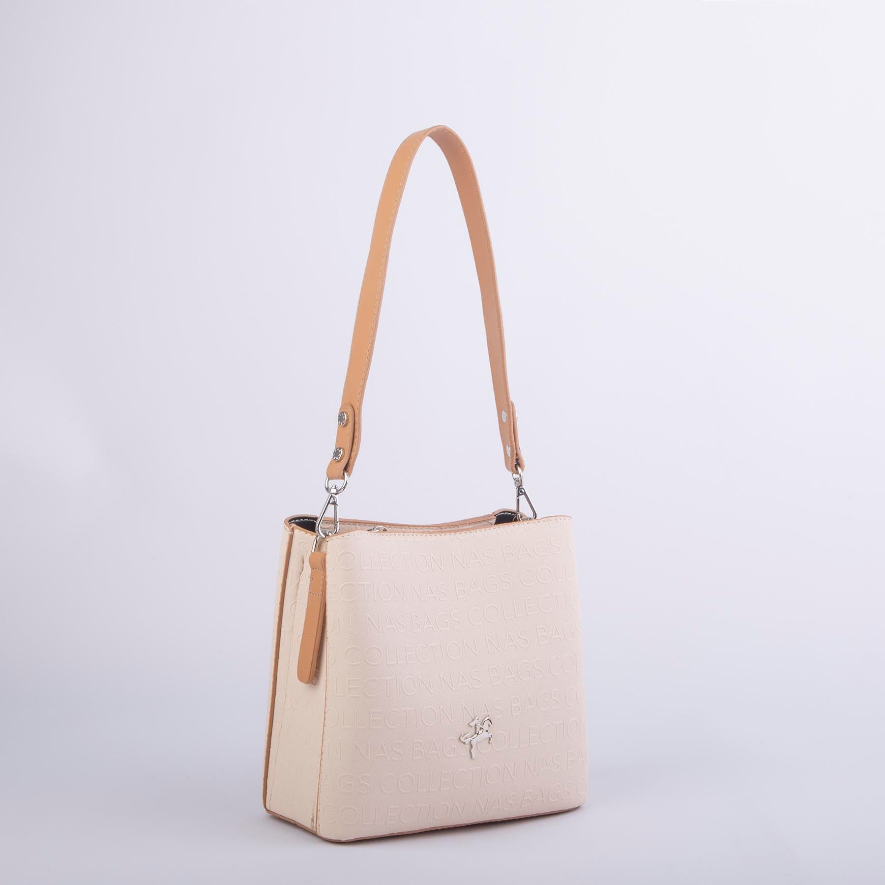 Nas Bag Kadın Postacı Çanta Çift Askılı Krem Camel Gofraj