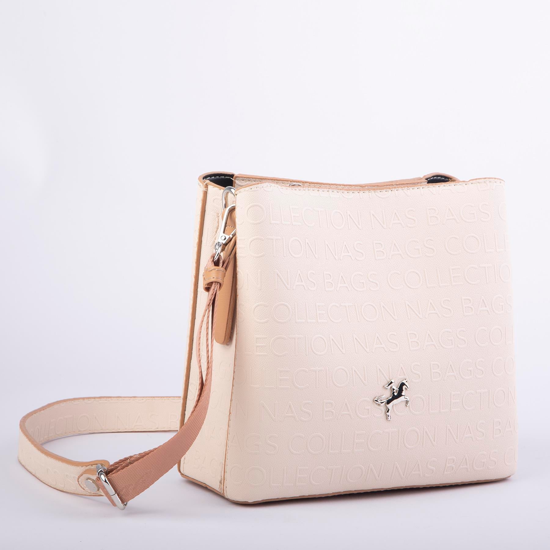 Nas Bag Kadın Postacı Çanta Çift Askılı Krem Camel Gofraj