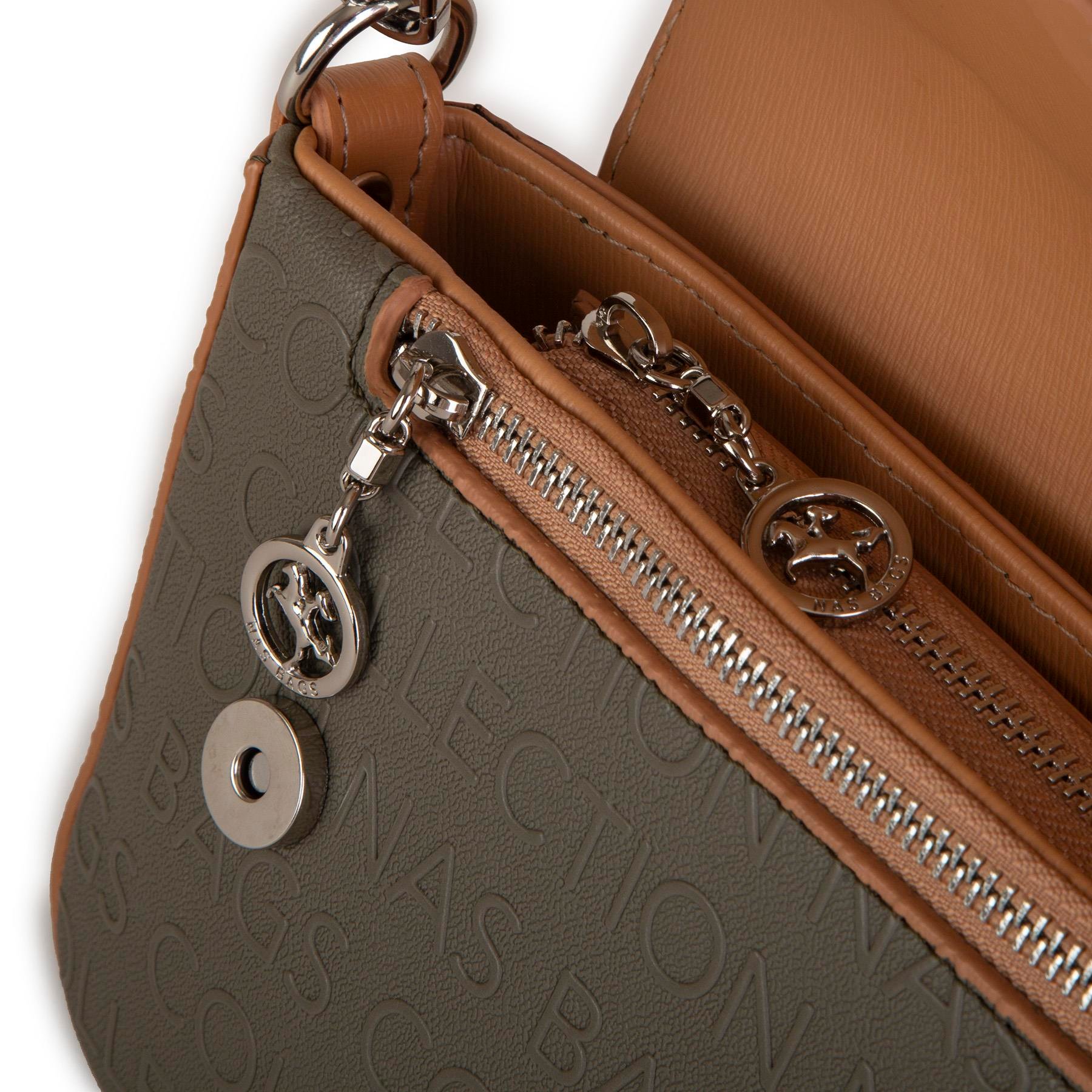Nas Bag Kadın Postacı Çantası Çift Askılı Yeşil Camel Gofraj (22x16x5 cm)