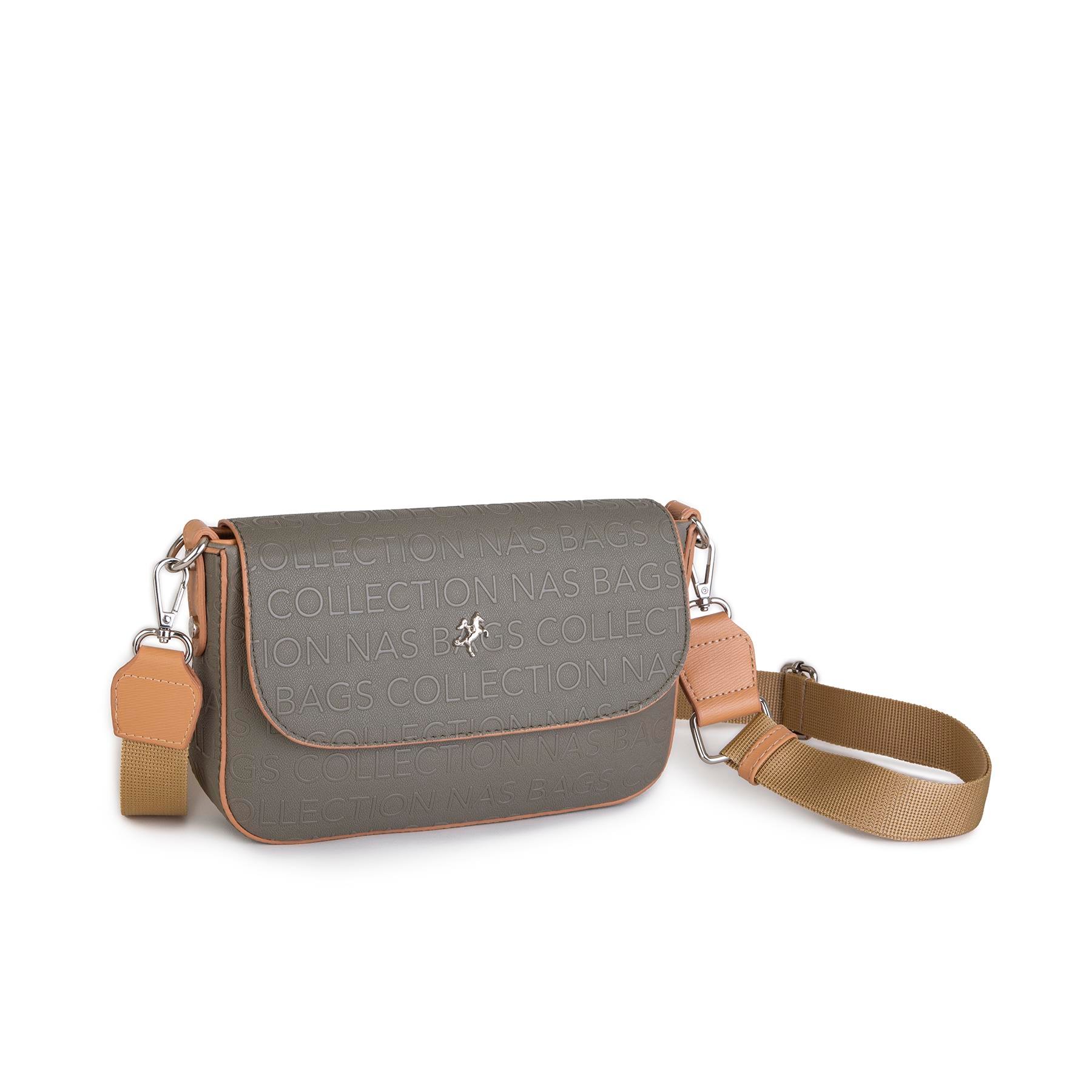 Nas Bag Kadın Postacı Çantası Çift Askılı Yeşil Camel Gofraj (22x16x5 cm)