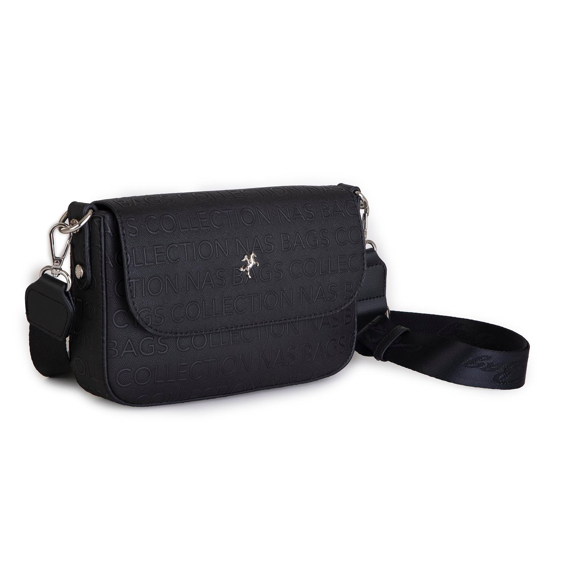 Nas Bag Kadın Postacı Çantası Çift Askılı Siyah Gofraj (22x16x5 cm)