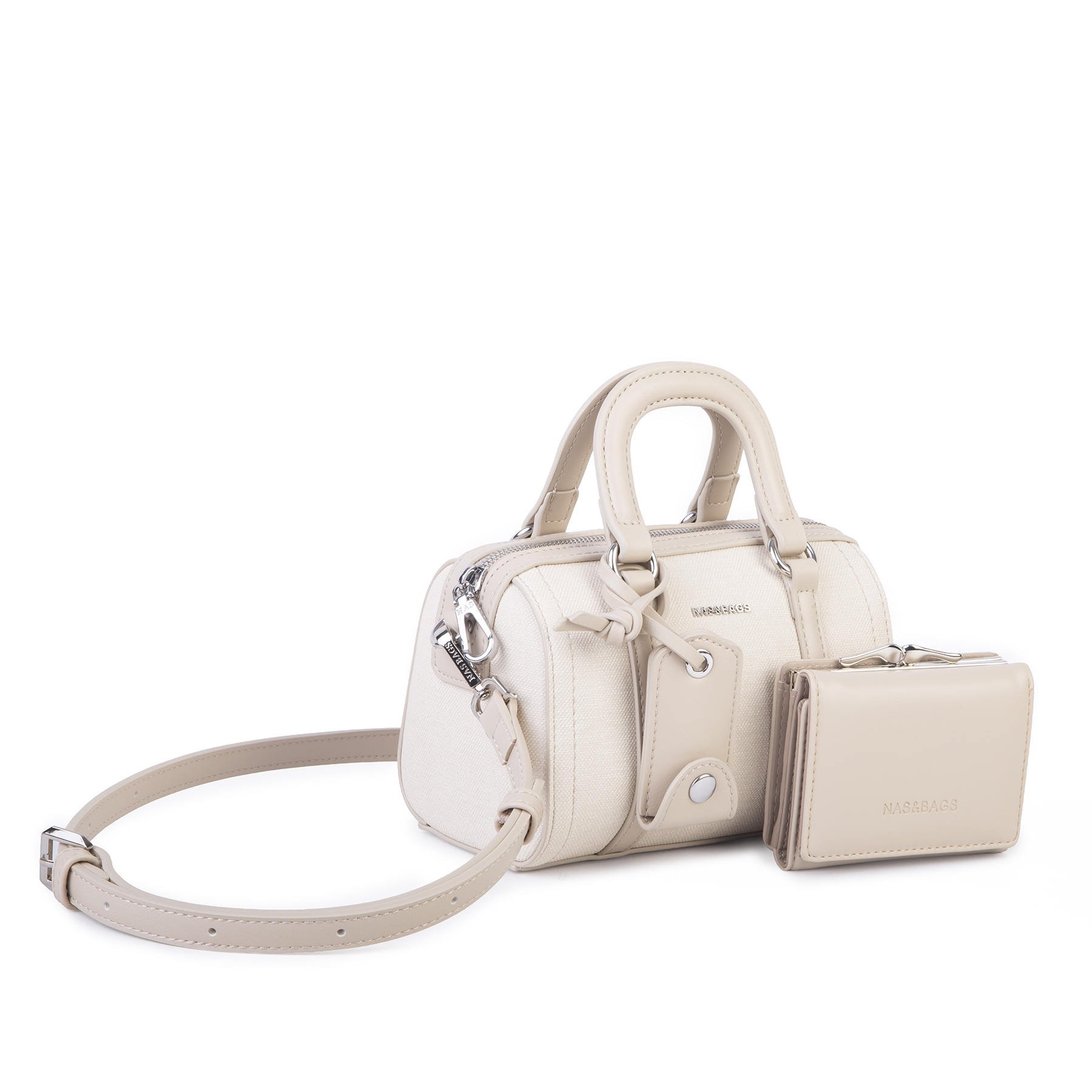 Nas Bag Kadın Premium Mini 2li set El Omuz ve Çapraz Çanta ile Cüzdan Seti Krem