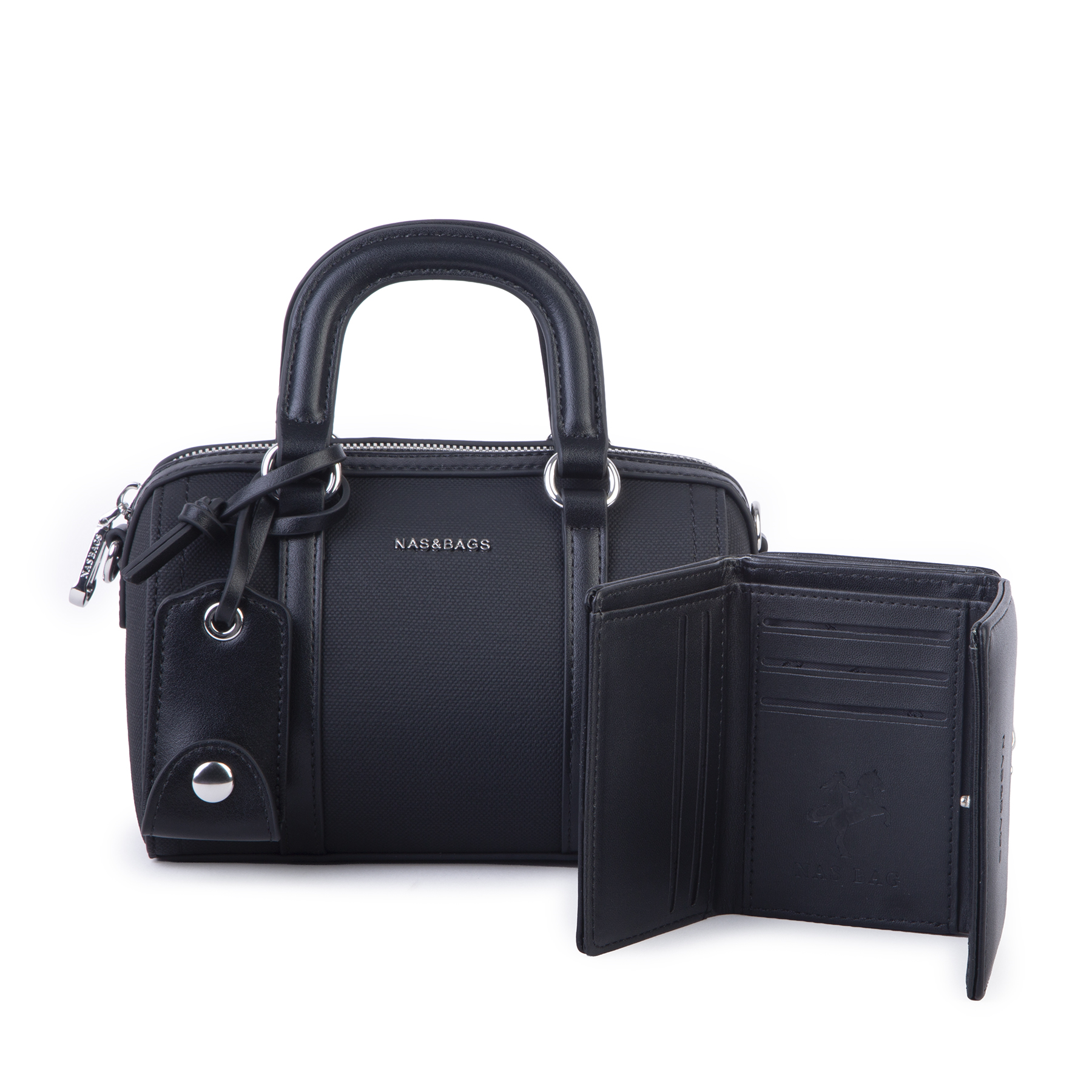 Nas Bag Kadın Premium Mini 2li set El Omuz ve Çapraz Çanta ile Cüzdan Seti Siyah