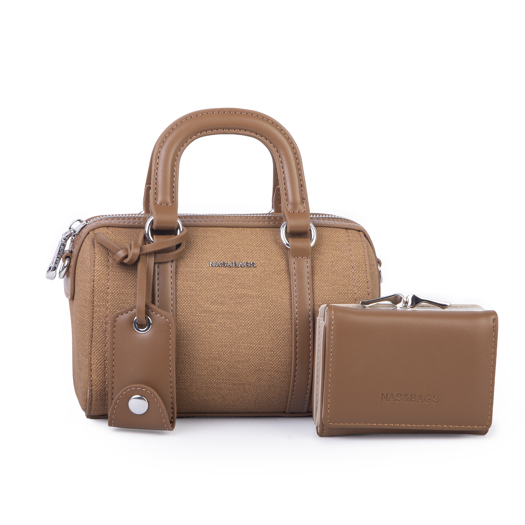 Nas Bag Kadın Premium Mini 2li set El Omuz ve Çapraz Çanta ile Cüzdan Seti Taba 