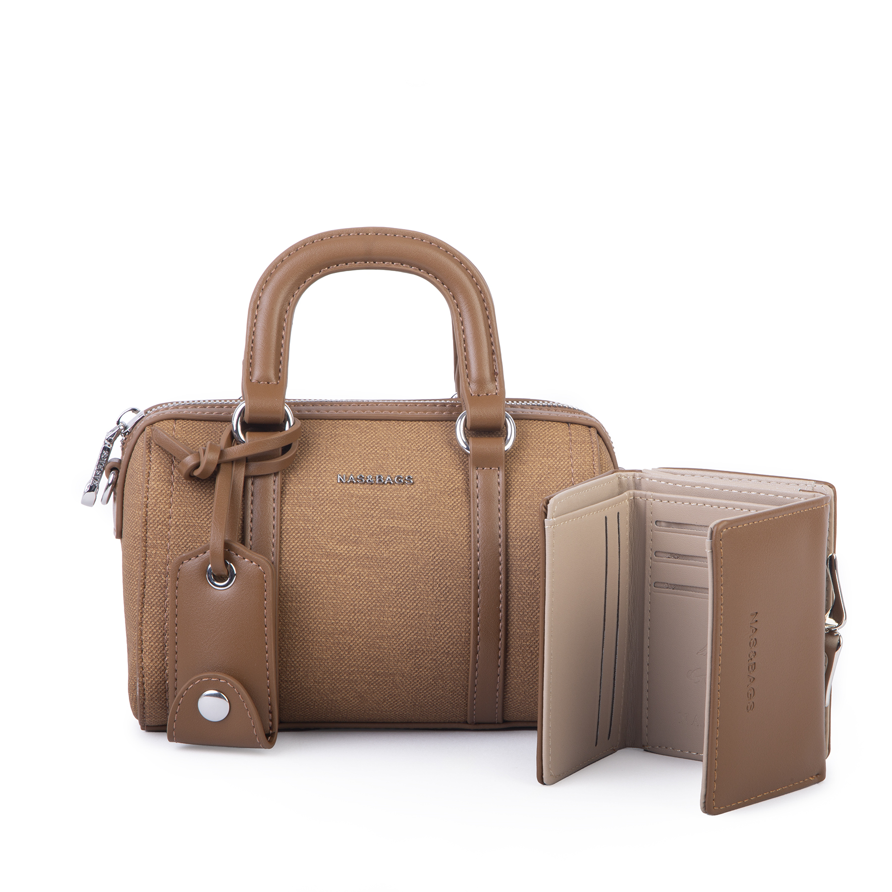 Nas Bag Kadın Premium Mini 2li set El Omuz ve Çapraz Çanta ile Cüzdan Seti Taba 