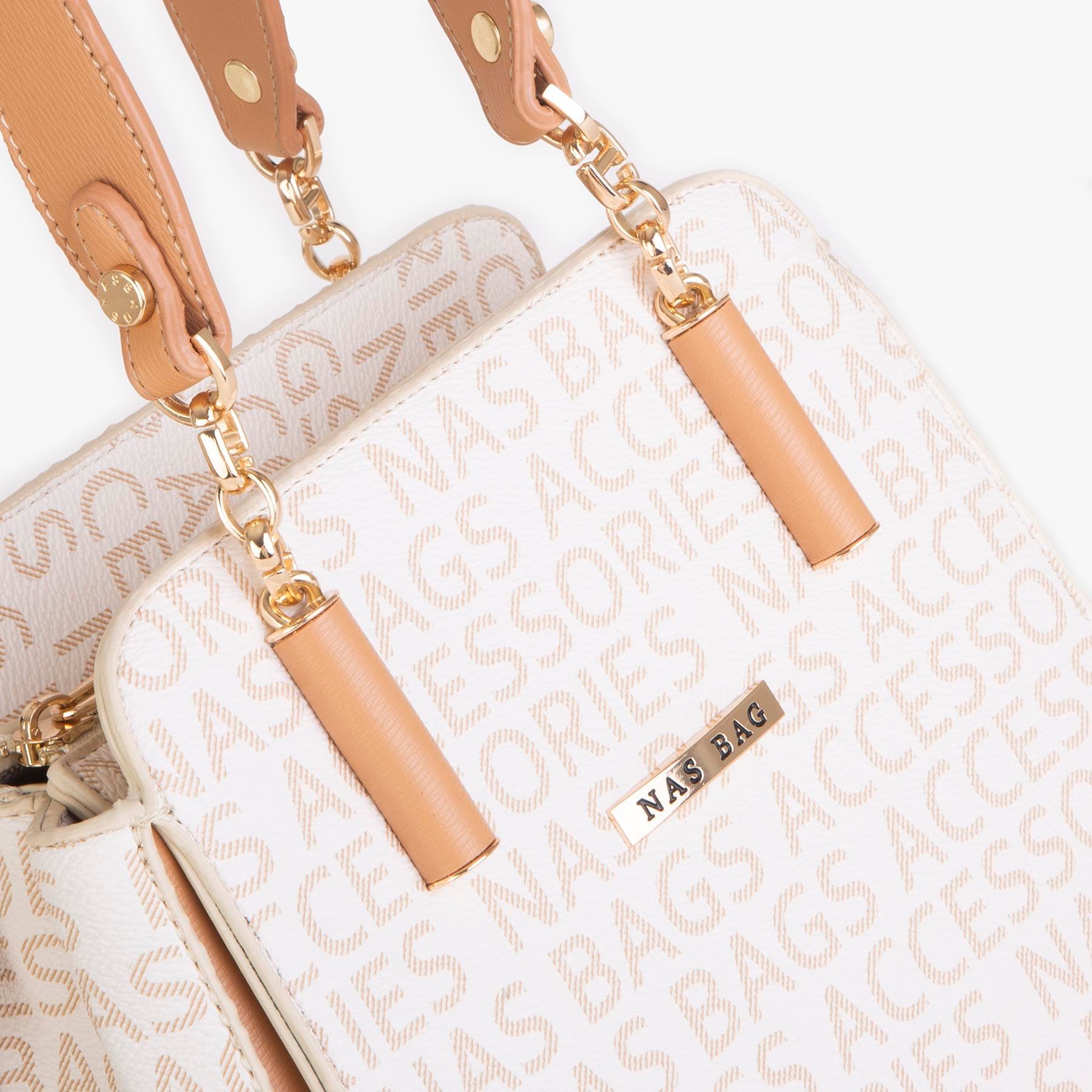 Nas Bag Kadın Sade ve Şık El ve Omuz Çantası Krem Camel Yazılı  (Ölçüsü:24x21x16)