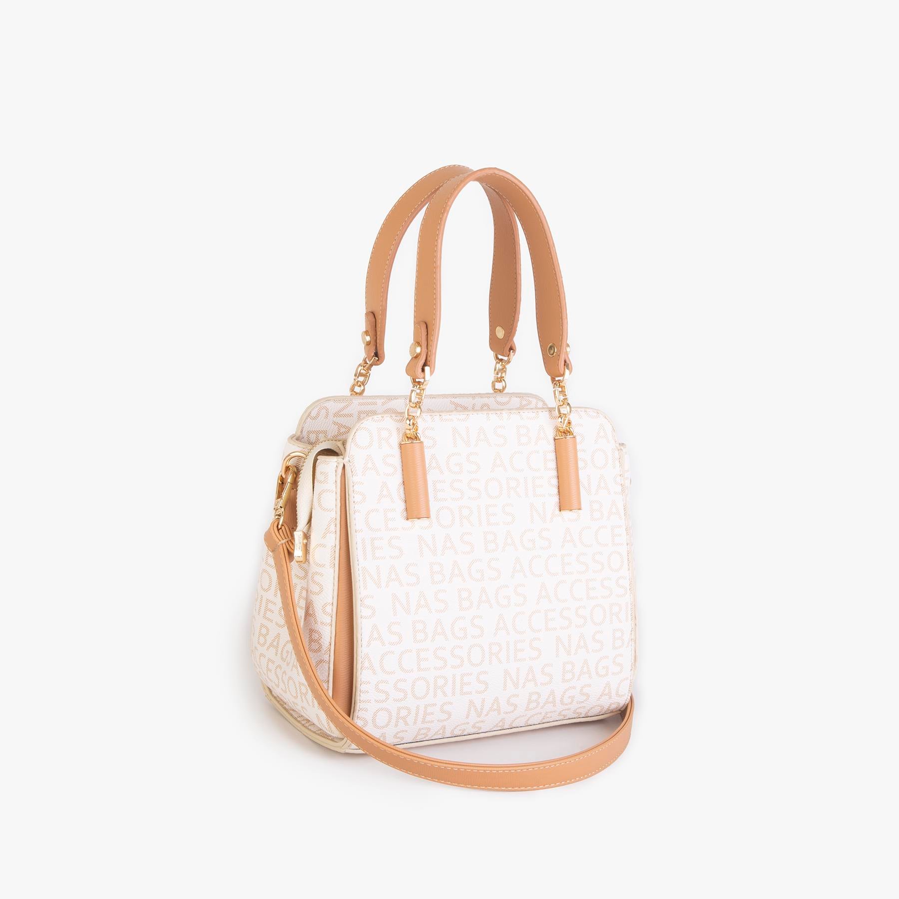 Nas Bag Kadın Sade ve Şık El ve Omuz Çantası Krem Camel Yazılı  (Ölçüsü:24x21x16)