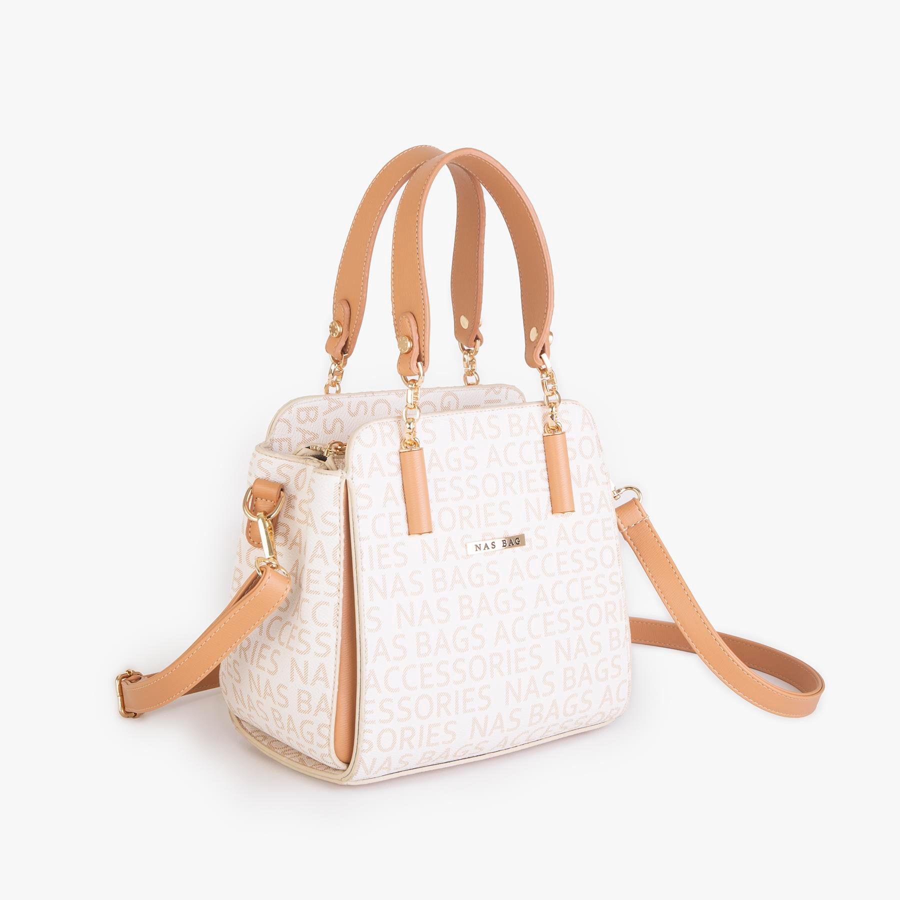 Nas Bag Kadın Sade ve Şık El ve Omuz Çantası Krem Camel Yazılı  (Ölçüsü:24x21x16)