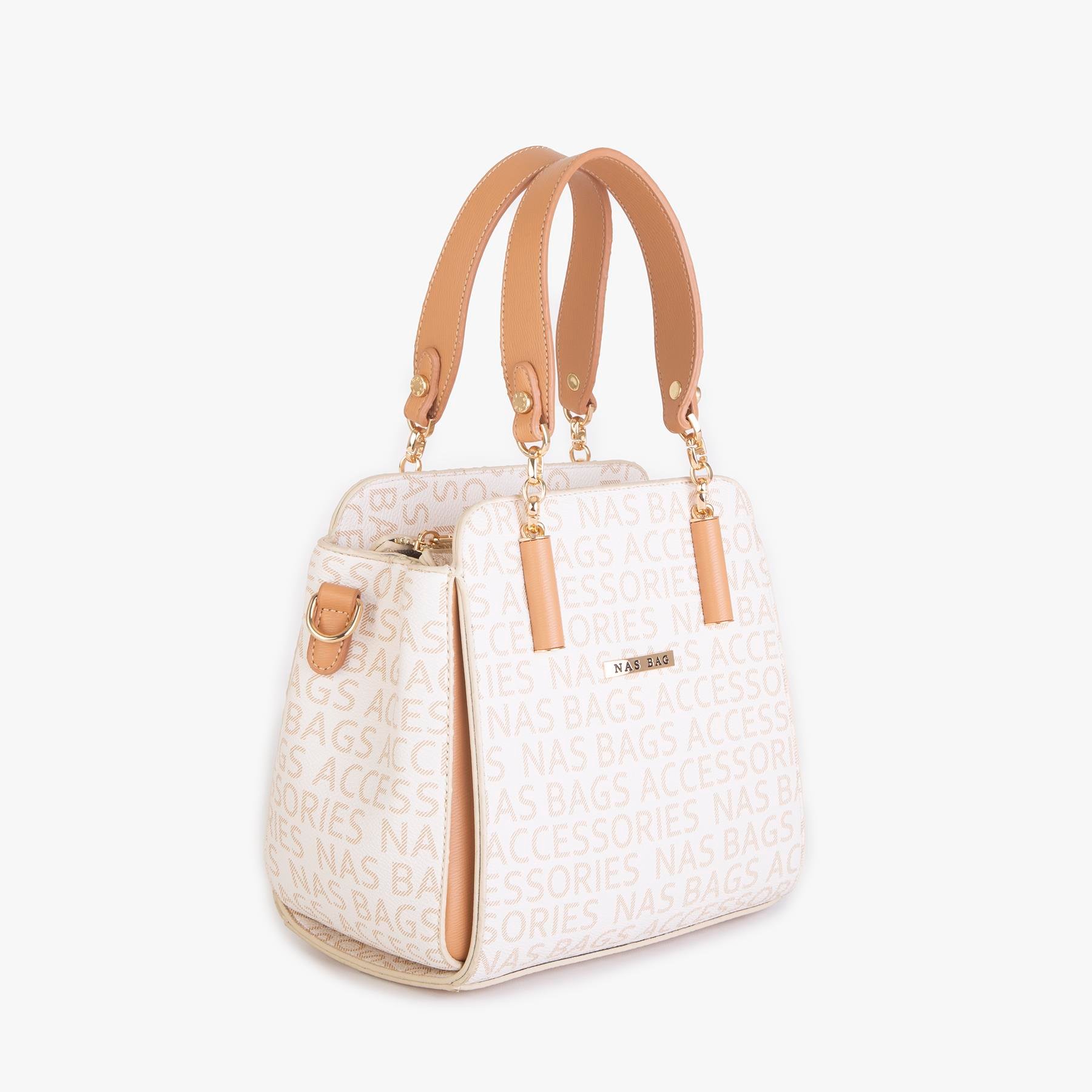 Nas Bag Kadın Sade ve Şık El ve Omuz Çantası Krem Camel Yazılı  (Ölçüsü:24x21x16)