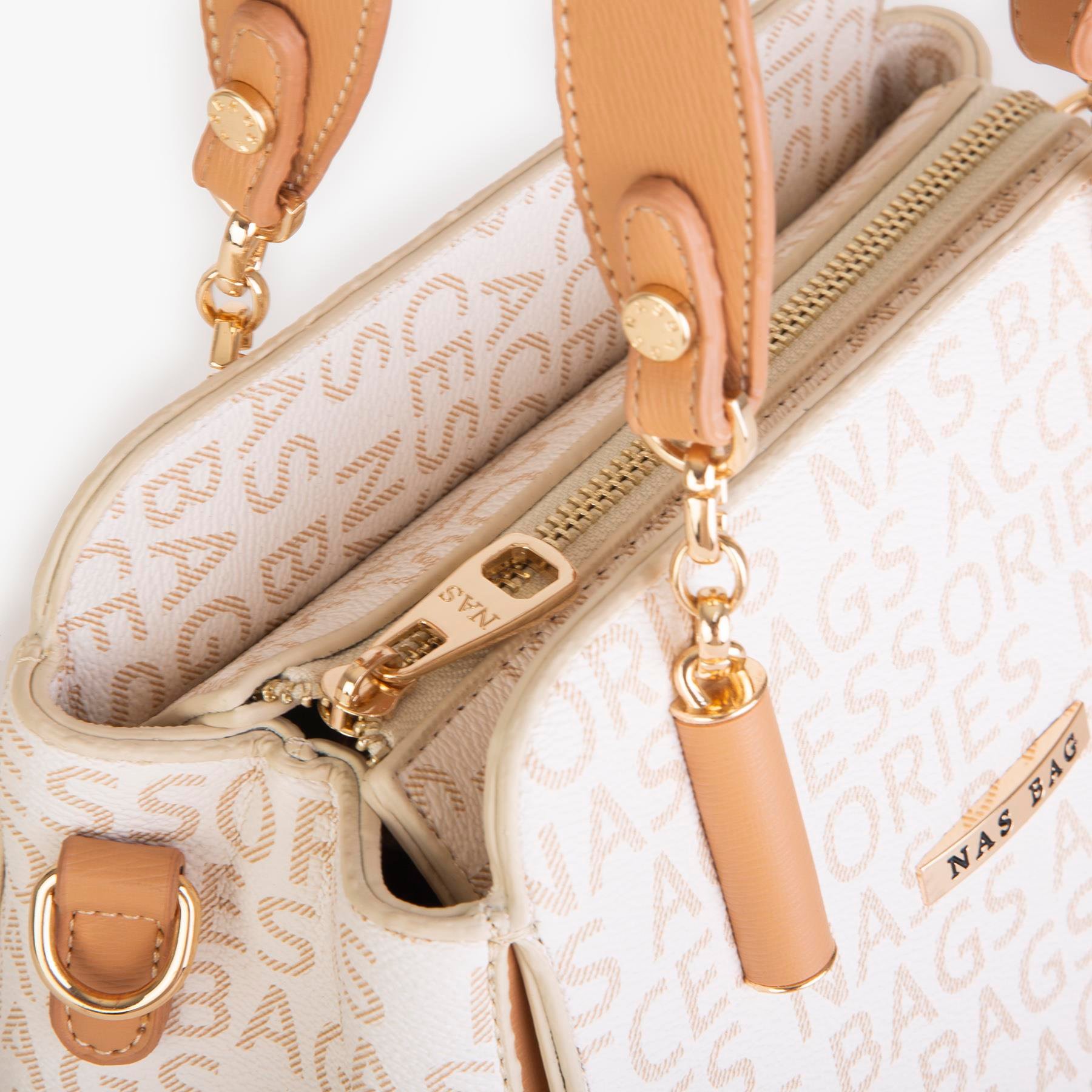 Nas Bag Kadın Sade ve Şık El ve Omuz Çantası Krem Camel Yazılı  (Ölçüsü:24x21x16)