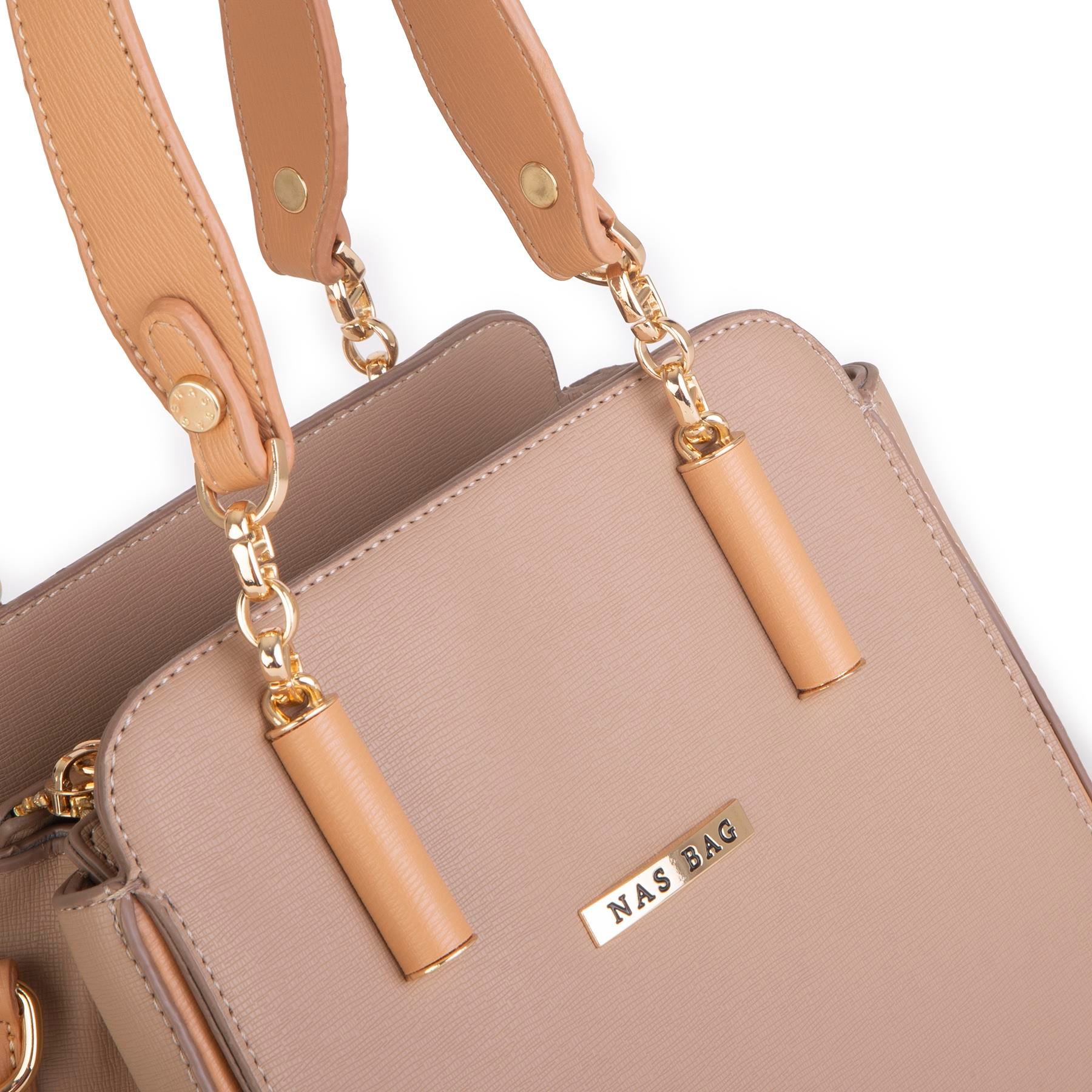 Nas Bag Kadın Sade ve Şık El ve Omuz Çantası Kum  Mngo  (Ölçüsü:24x21x16)