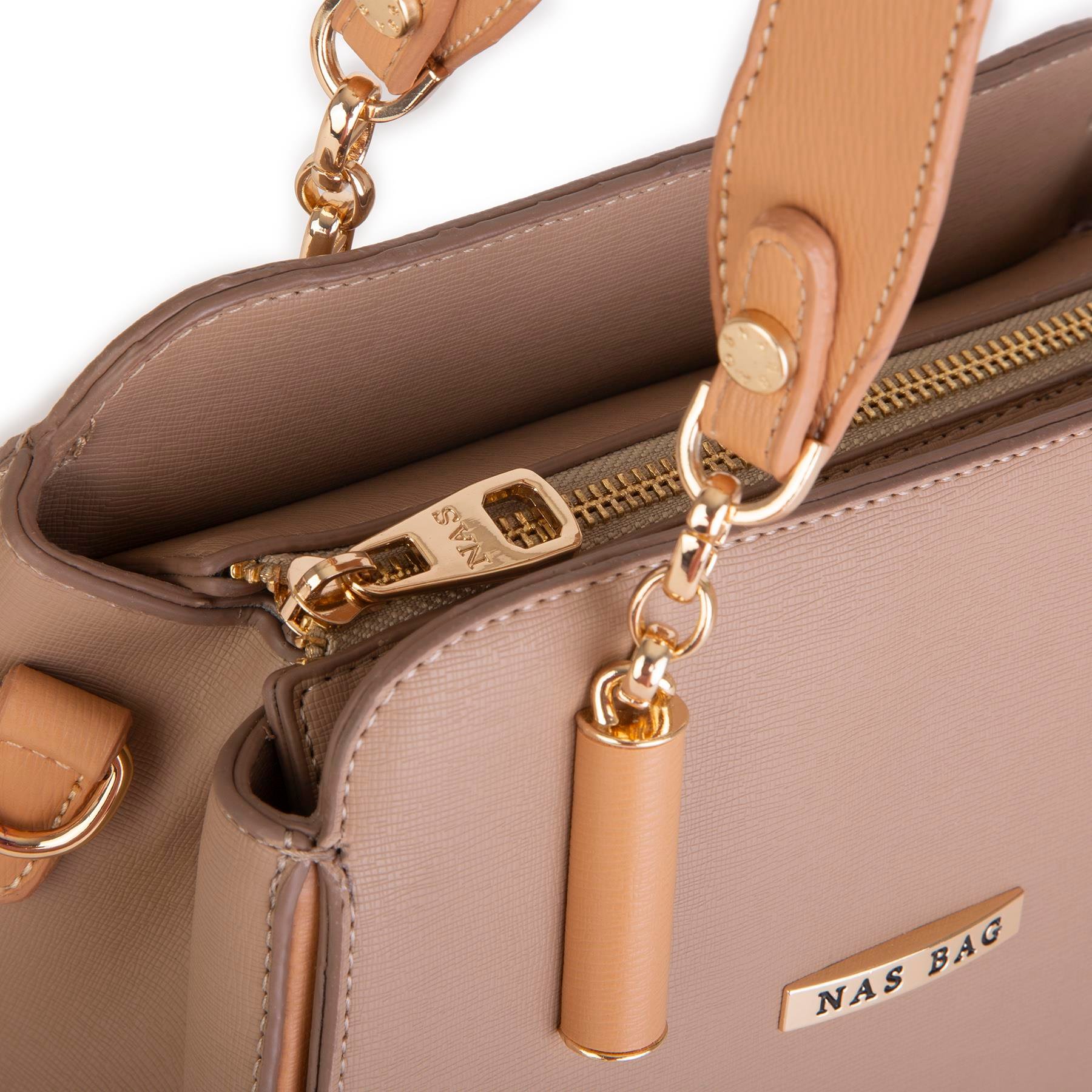 Nas Bag Kadın Sade ve Şık El ve Omuz Çantası Kum  Mngo  (Ölçüsü:24x21x16)
