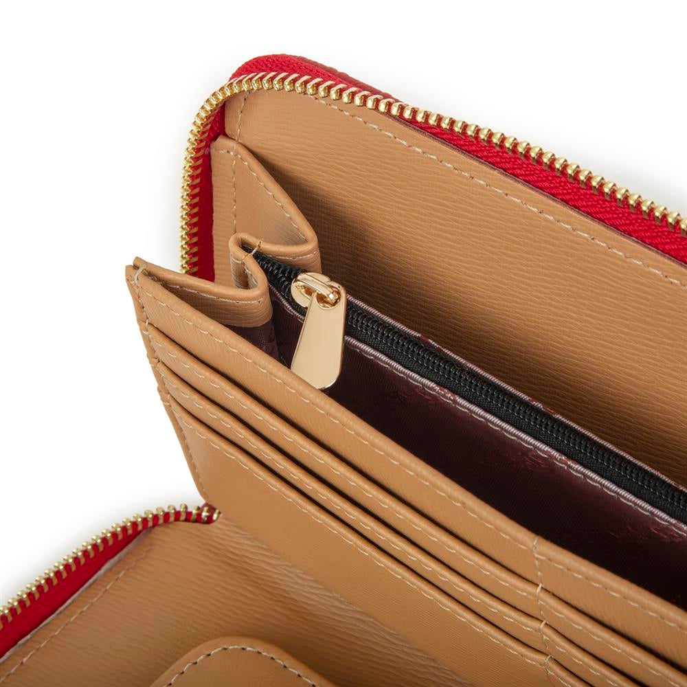 Nas Bag Kadın Tek Fermuarlı Büyük Boy Cüzdan Kırmızı Camel Gofraj