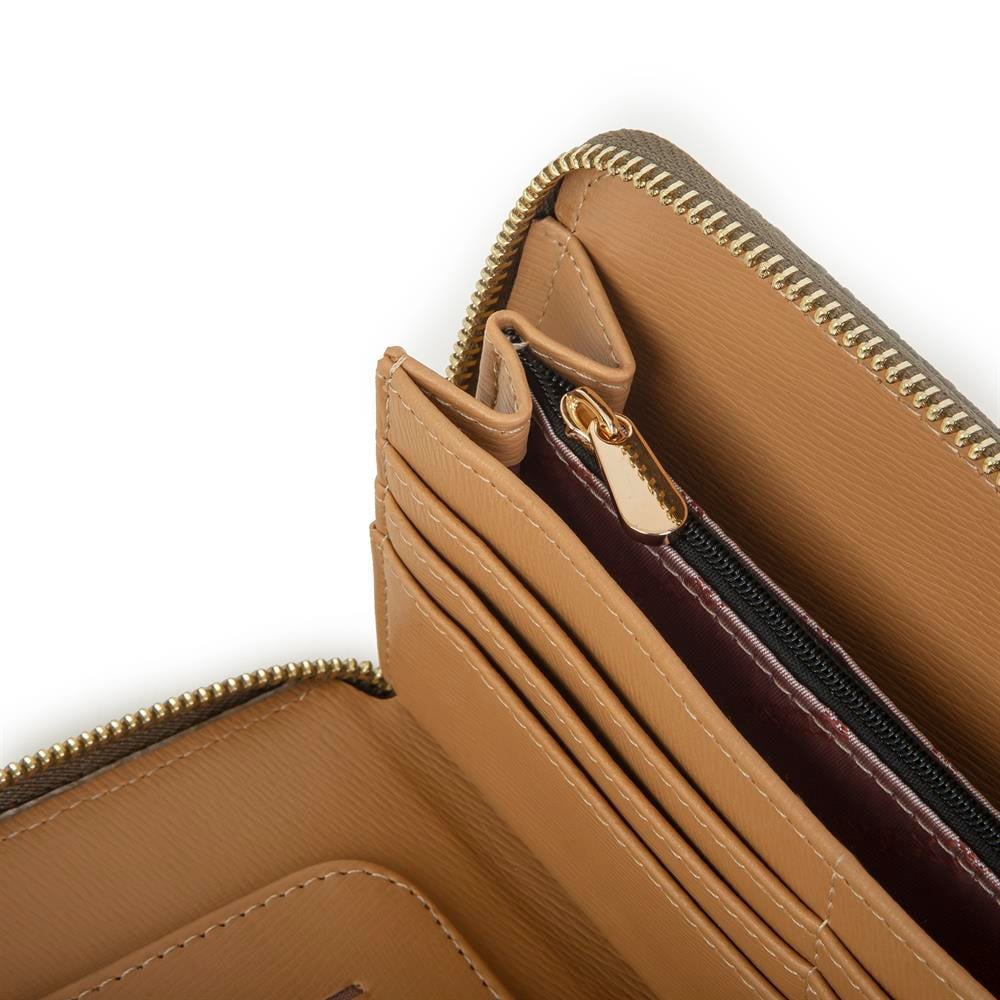 Nas Bag Kadın Tek Fermuarlı Büyük Boy Cüzdan Yeşil Camel Gofraj