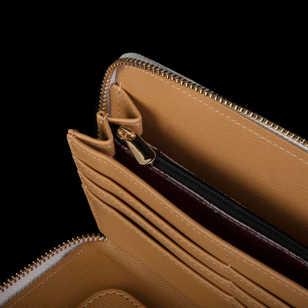 Nas Bag Kadın Tek Fermuarlı Büyük Boy Cüzdan Krem Camel Yazılı
