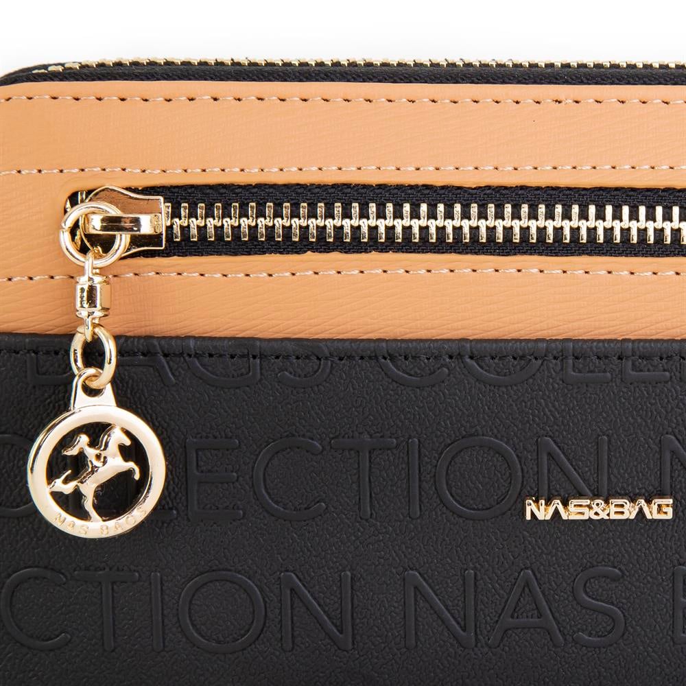 Nas Bag Kadın Yatay Cüzdan Geniş Kullanımlı çift Fermuaarlı Siyah Camel Gofraj