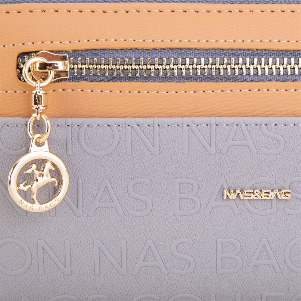 Nas Bag Kadın Yatay Cüzdan Geniş Kullanımlı çift Fermuaarlı Gri Camel Gofraj