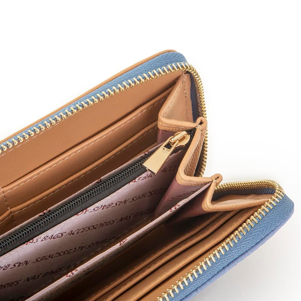 Nas Bag Kadın Yatay Cüzdan Geniş Kullanımlı çift Fermuaarlı Mavi Camel Gofraj