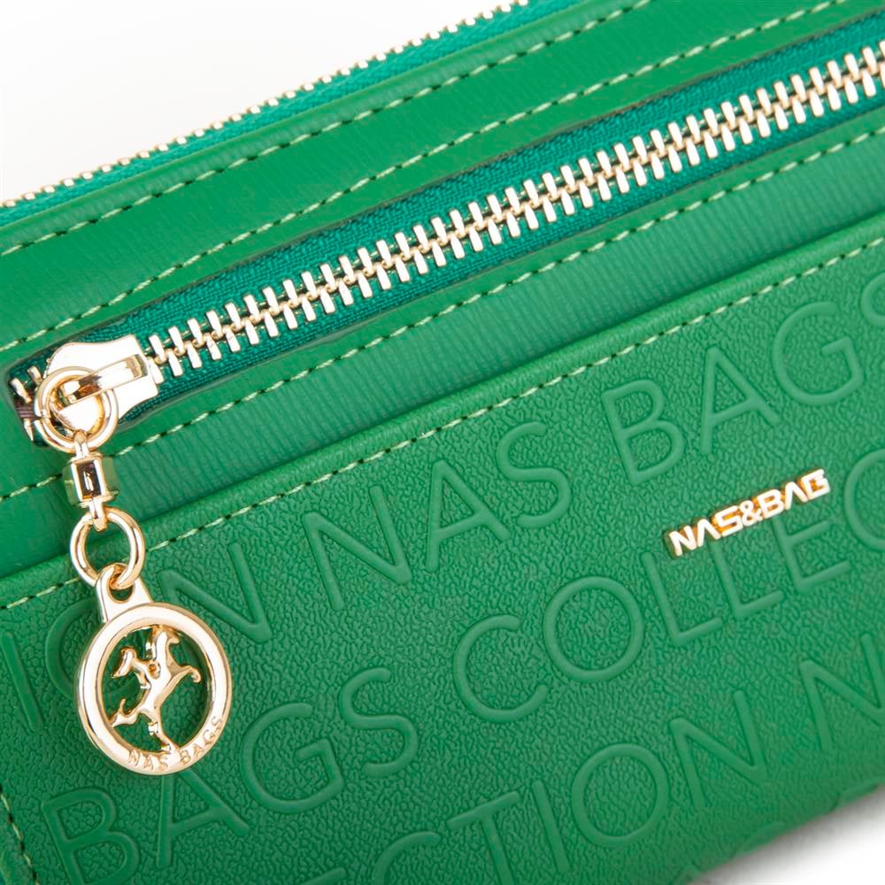 Nas Bag Kadın Yatay Cüzdan Geniş Kullanımlı çift Fermuaarlı Çim Yeşili Gofraj