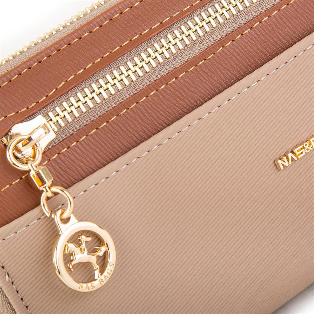 Nas Bag Kadın Yatay Cüzdan Geniş Kullanımlı çift Fermuaarlı Kum Taba Karaca