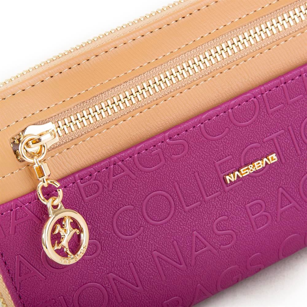 Nas Bag Kadın Yatay Cüzdan Geniş Kullanımlı çift Fermuaarlı Vişne Camel Gofraj