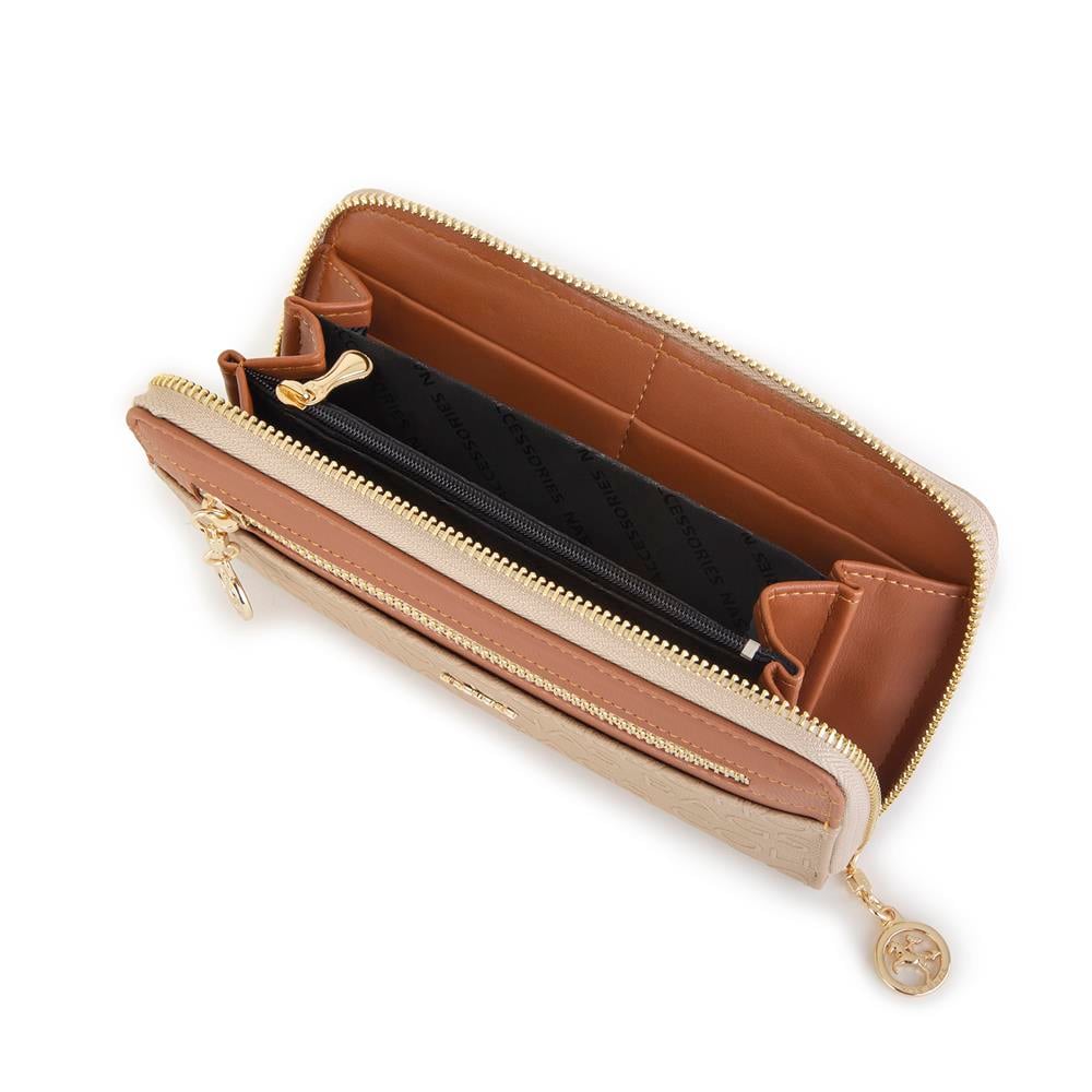 Nas Bag Kadın Yatay Cüzdan Geniş Kullanımlı çift Fermuaarlı Kum Taba Gofraj
