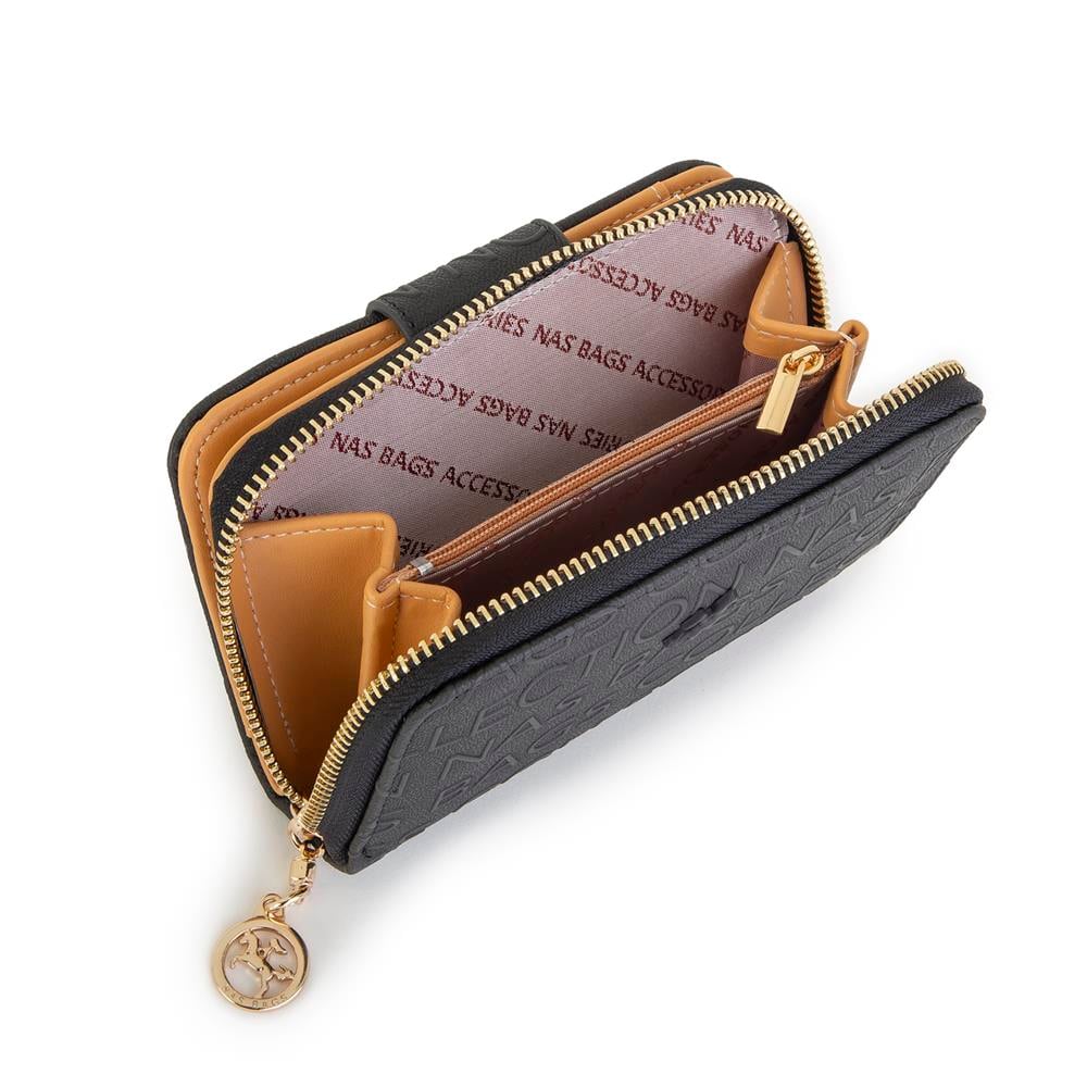 Nas Bag Kadın Yatay Cüzdan  Siyah Camel Gofraj