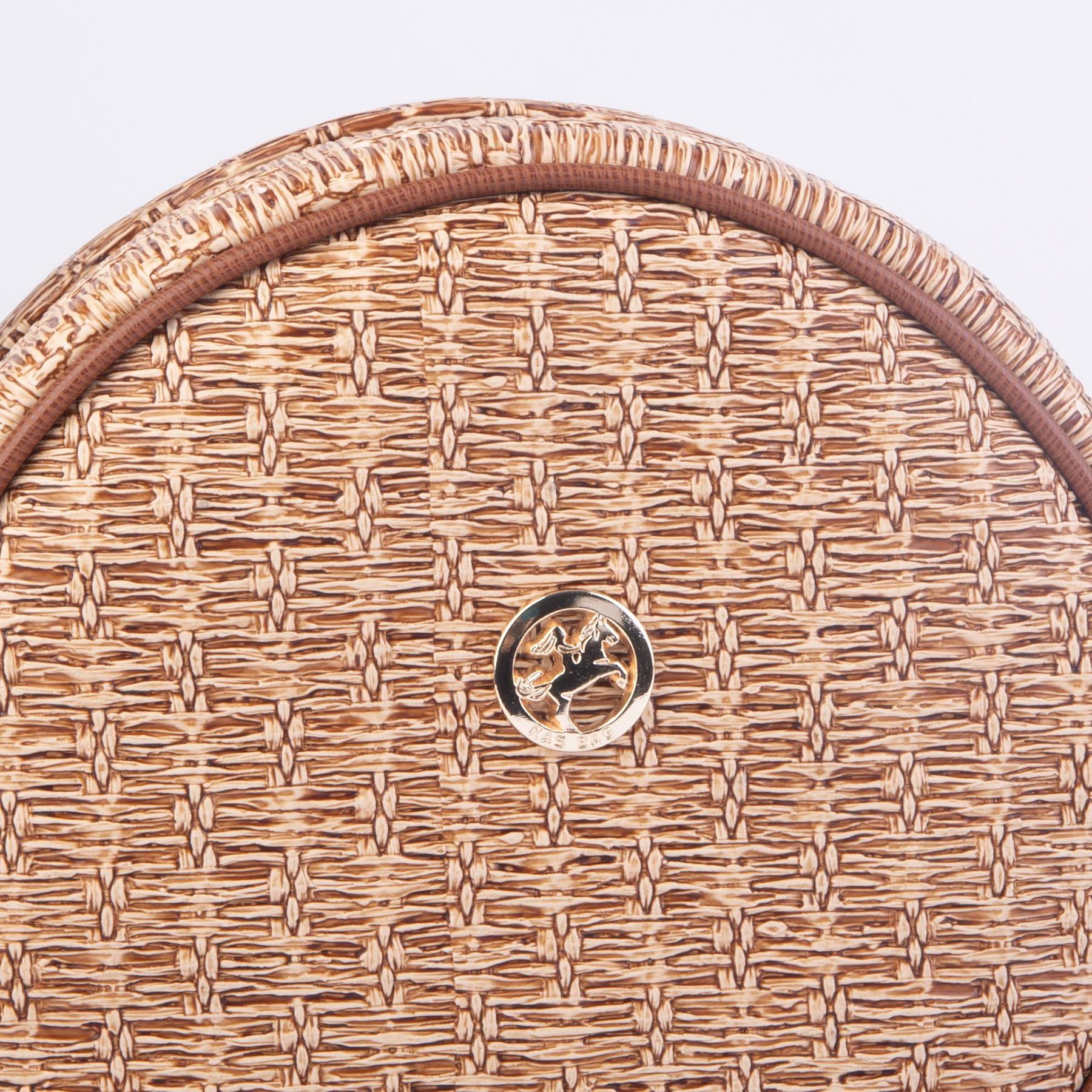 Nas Bag Kadın Yuvarlak Oval Yazlık Moda Çanta Hasır Görünümlü Deri  Vizon Hasır 