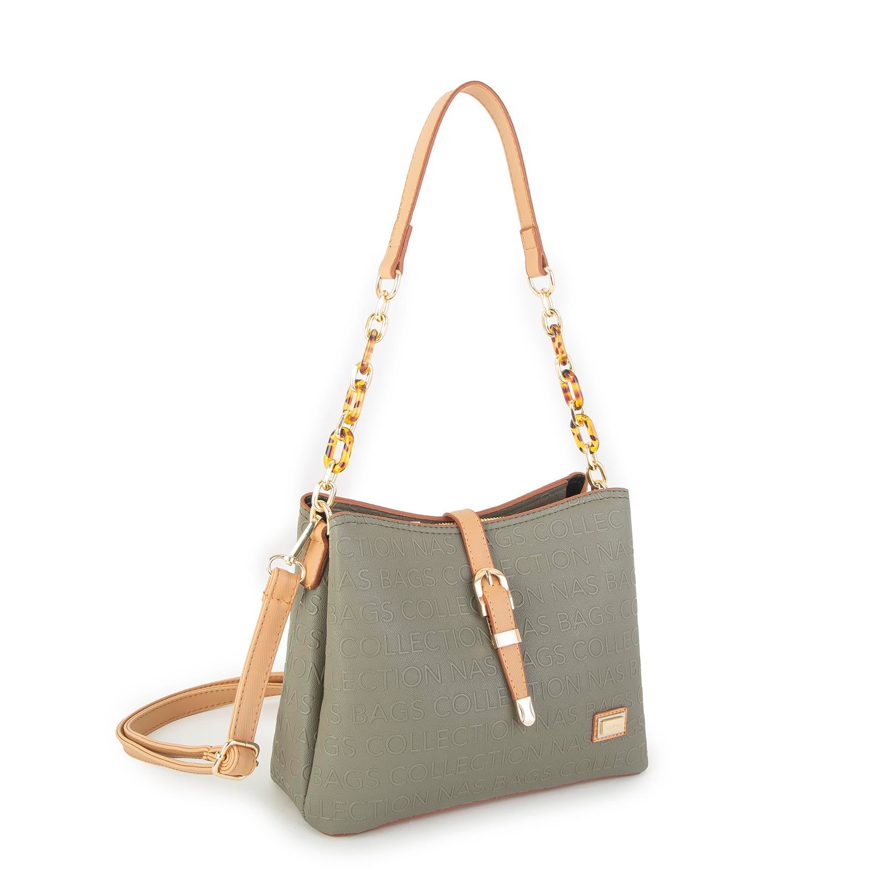 Nas Bag Kadın Zincirli Omuz ve Çapraz Çanta Yeşil Camel  Gofraj