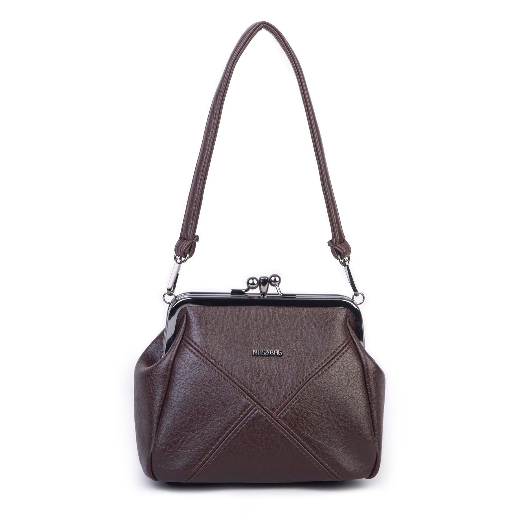 Nas Bag Mini Vintage Burslu Klipsli Kadın Omuz ve Çapraz Çanta Kahve Victoria  ( 20x17 cm)
