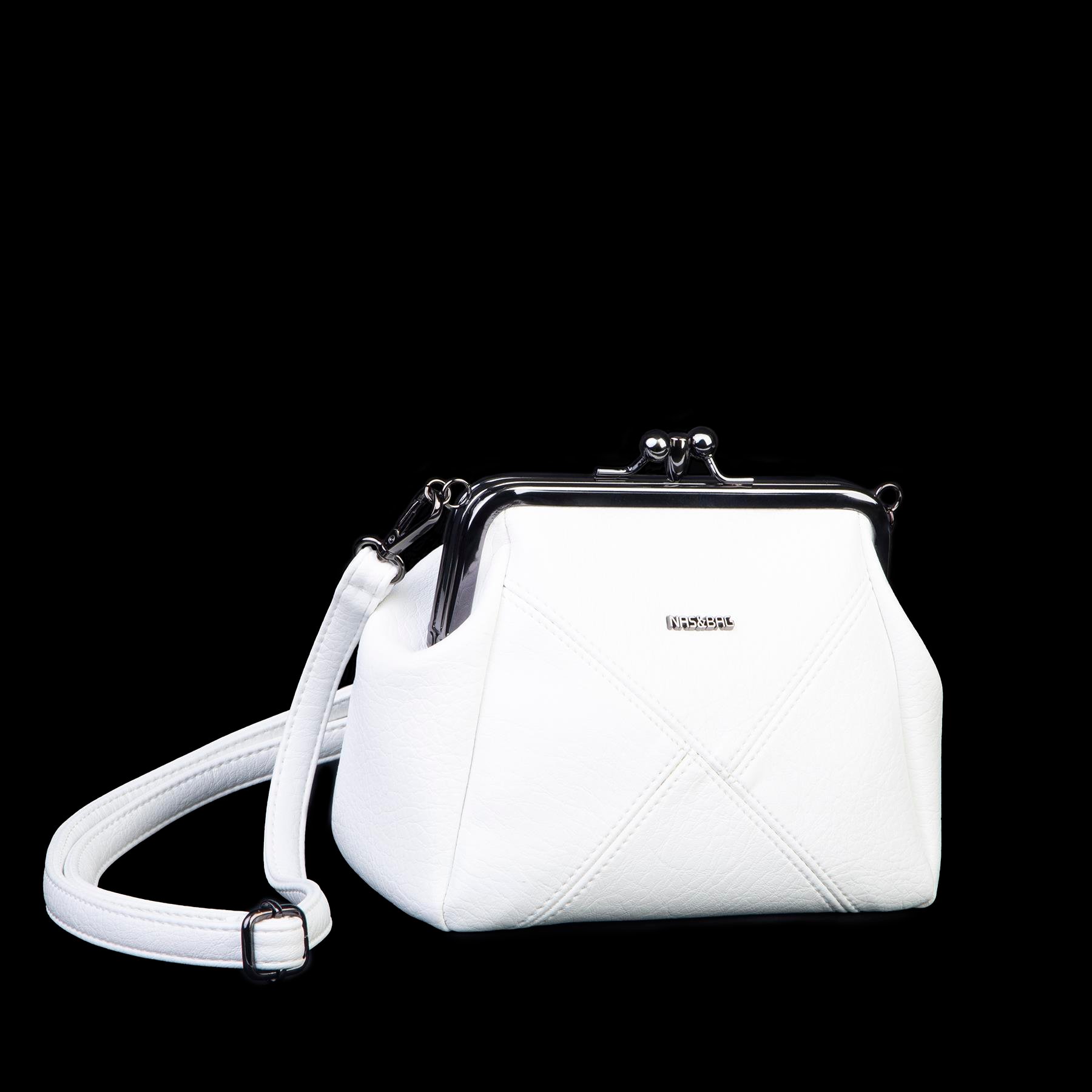 Nas Bag Mini Vintage Burslu Klipsli Kadın Omuz ve Çapraz Çanta Beyaz Victoria  ( 20x17 cm)