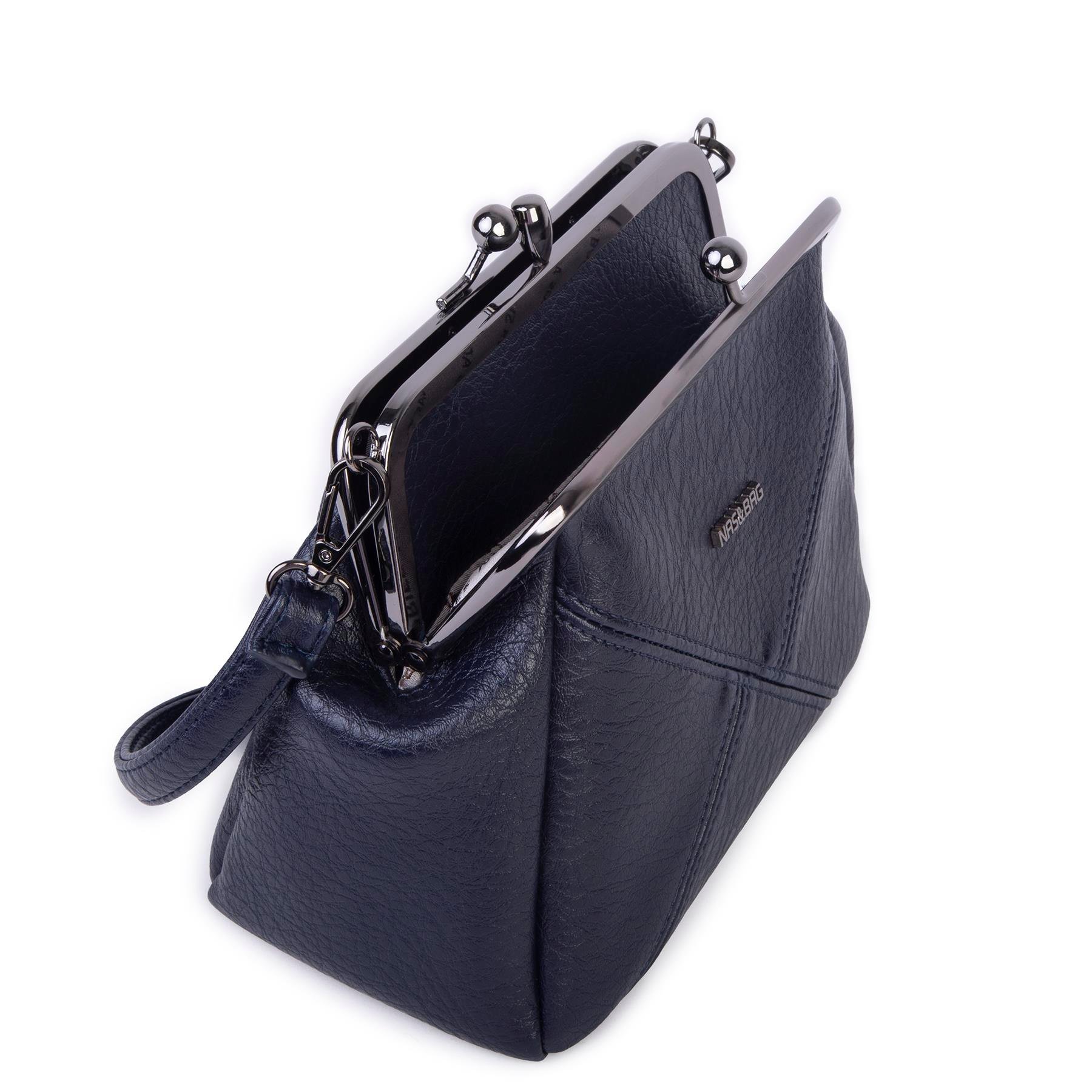Nas Bag Mini Vintage Burslu Klipsli Kadın Omuz ve Çapraz Çanta Lacivert Victoria  ( 20x17 cm)