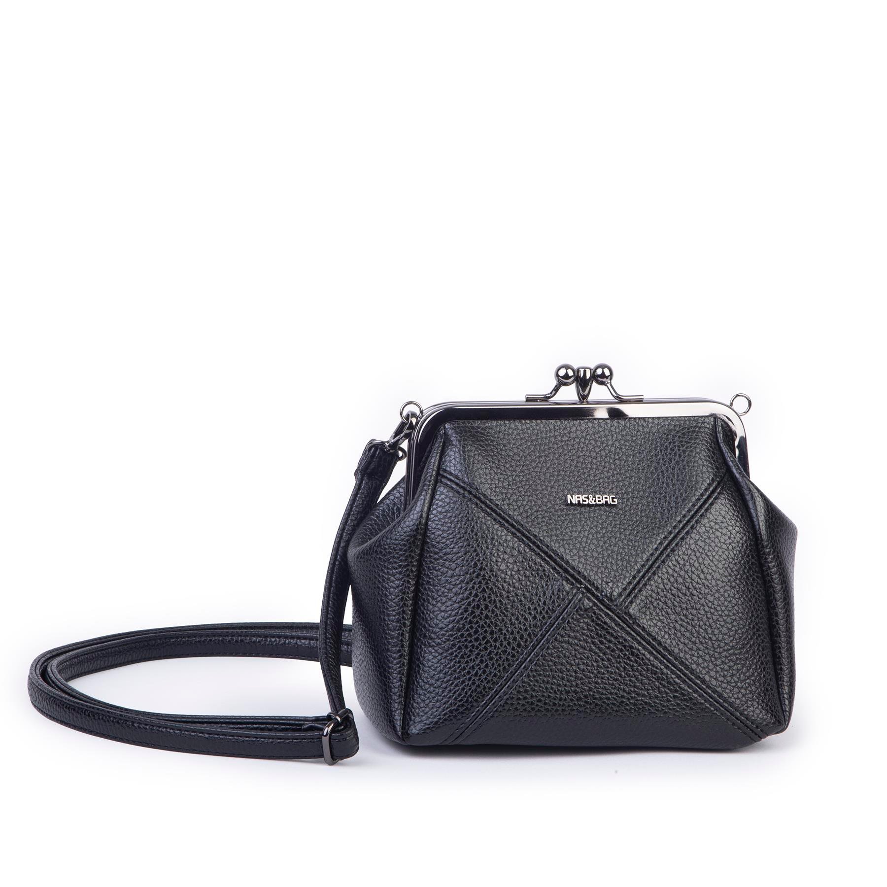 Nas Bag Mini Vintage Burslu Klipsli Kadın Omuz ve Çapraz Çanta Siyah Lopez  ( 20x17 cm)