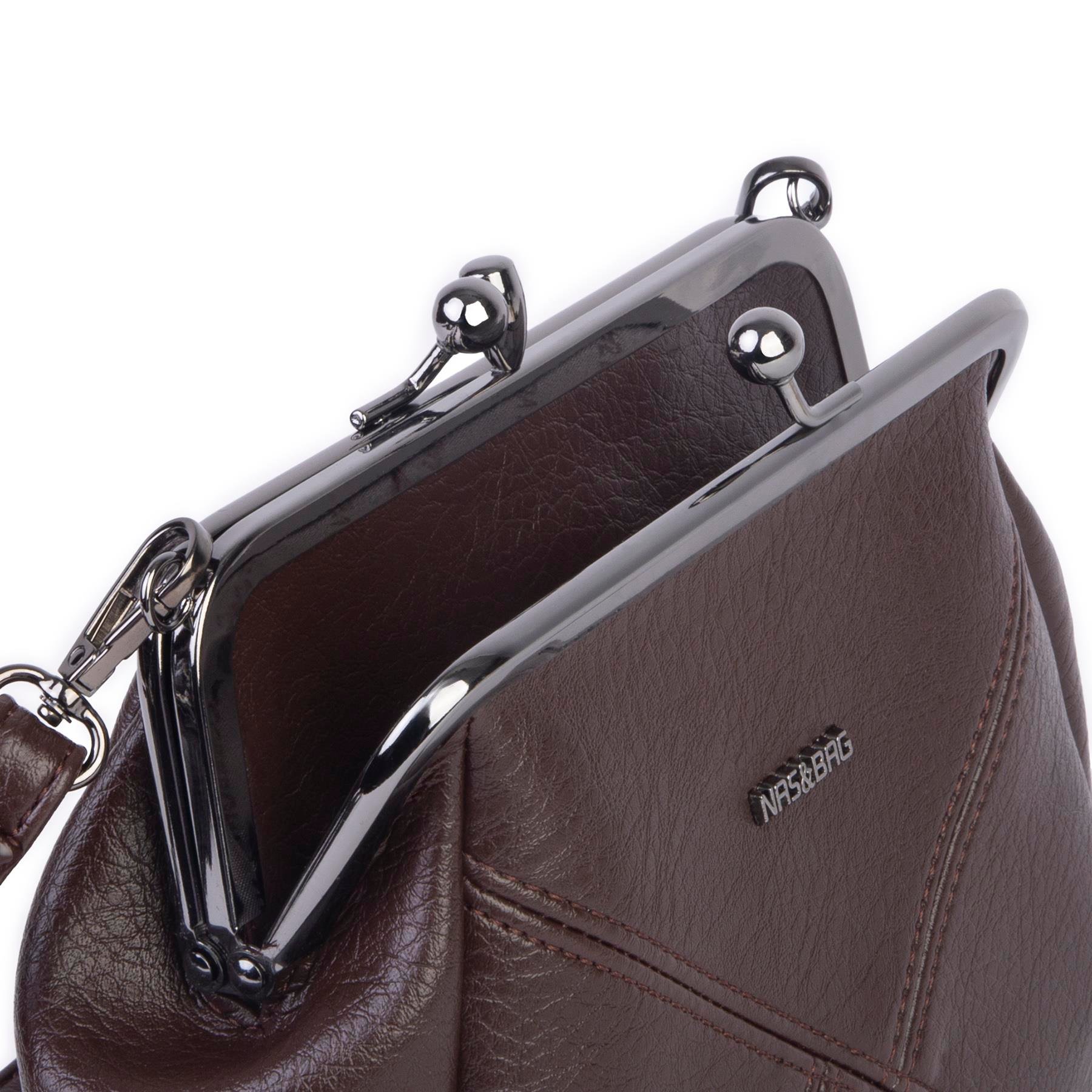 Nas Bag Mini Vintage Burslu Klipsli Kadın Omuz ve Çapraz Çanta Kahve Victoria  ( 20x17 cm)