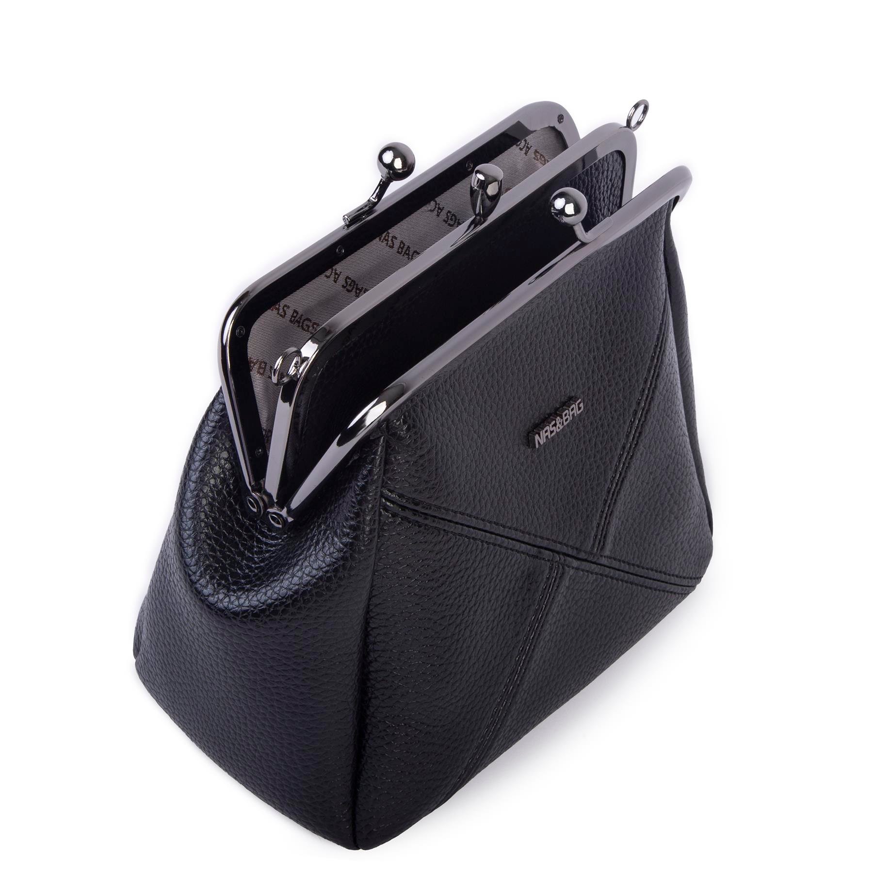 Nas Bag Mini Vintage Burslu Klipsli Kadın Omuz ve Çapraz Çanta Siyah Lopez  ( 20x17 cm)