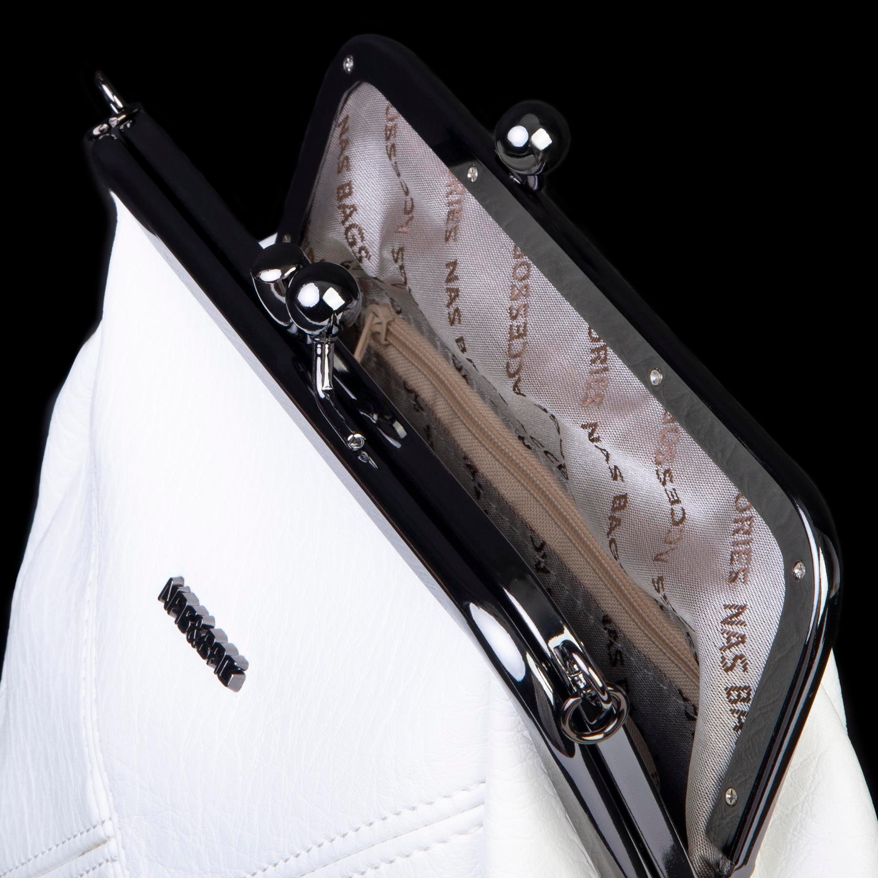 Nas Bag Mini Vintage Burslu Klipsli Kadın Omuz ve Çapraz Çanta Beyaz Victoria  ( 20x17 cm)